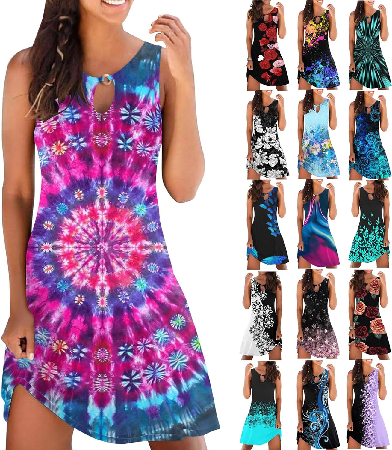 Summer Dresses for Women 2024 Casual Sleeveless Tank Dress Vintage Floral Print a-Line Beach Sundresses