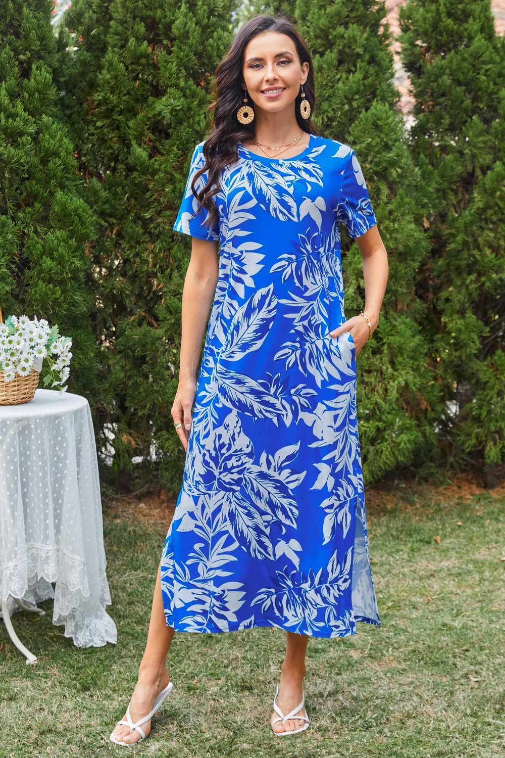 Naggoo Women's Short Sleeve Split Maxi Dress Casual Plain Tie Dye Print Tshirt Long Dresses with Pockets