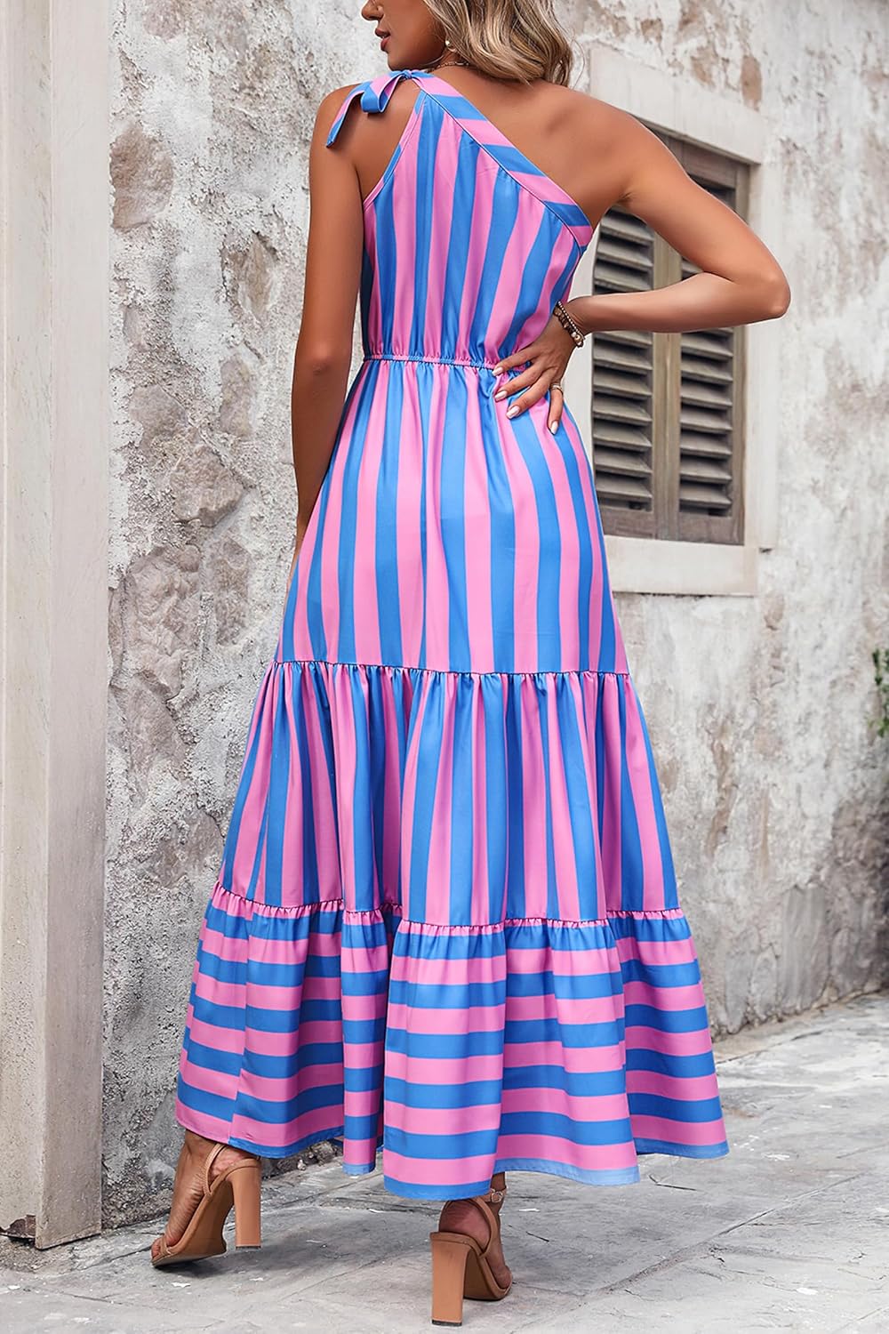 PRETTYGARDEN Women's Summer Floral Maxi Dress Knot One Shoulder Sleeveless Ruffle Flowy Boho Beach Wedding Guest Dresses