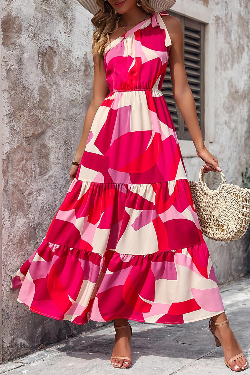 PRETTYGARDEN Women's Summer Floral Maxi Dress Knot One Shoulder Sleeveless Ruffle Flowy Boho Beach Wedding Guest Dresses