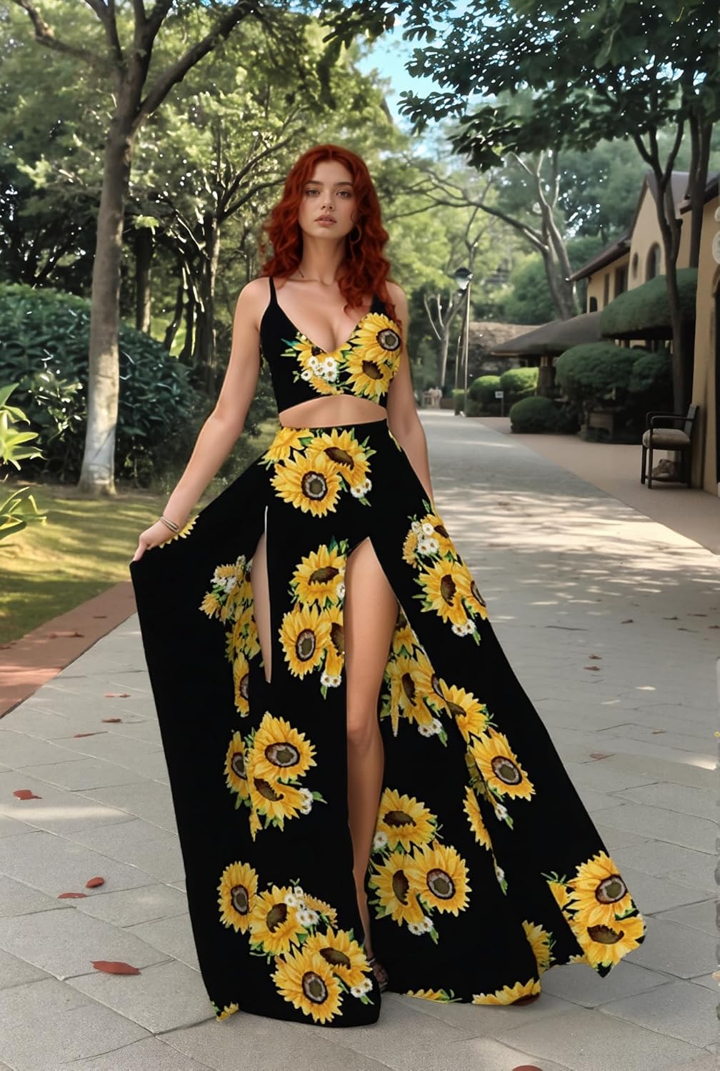 Women Sexy 2 Piece Outfits Dress Chiffon Strap Deep V Neck Bra Crop Top High Split Maxi Dresses Skirt Set