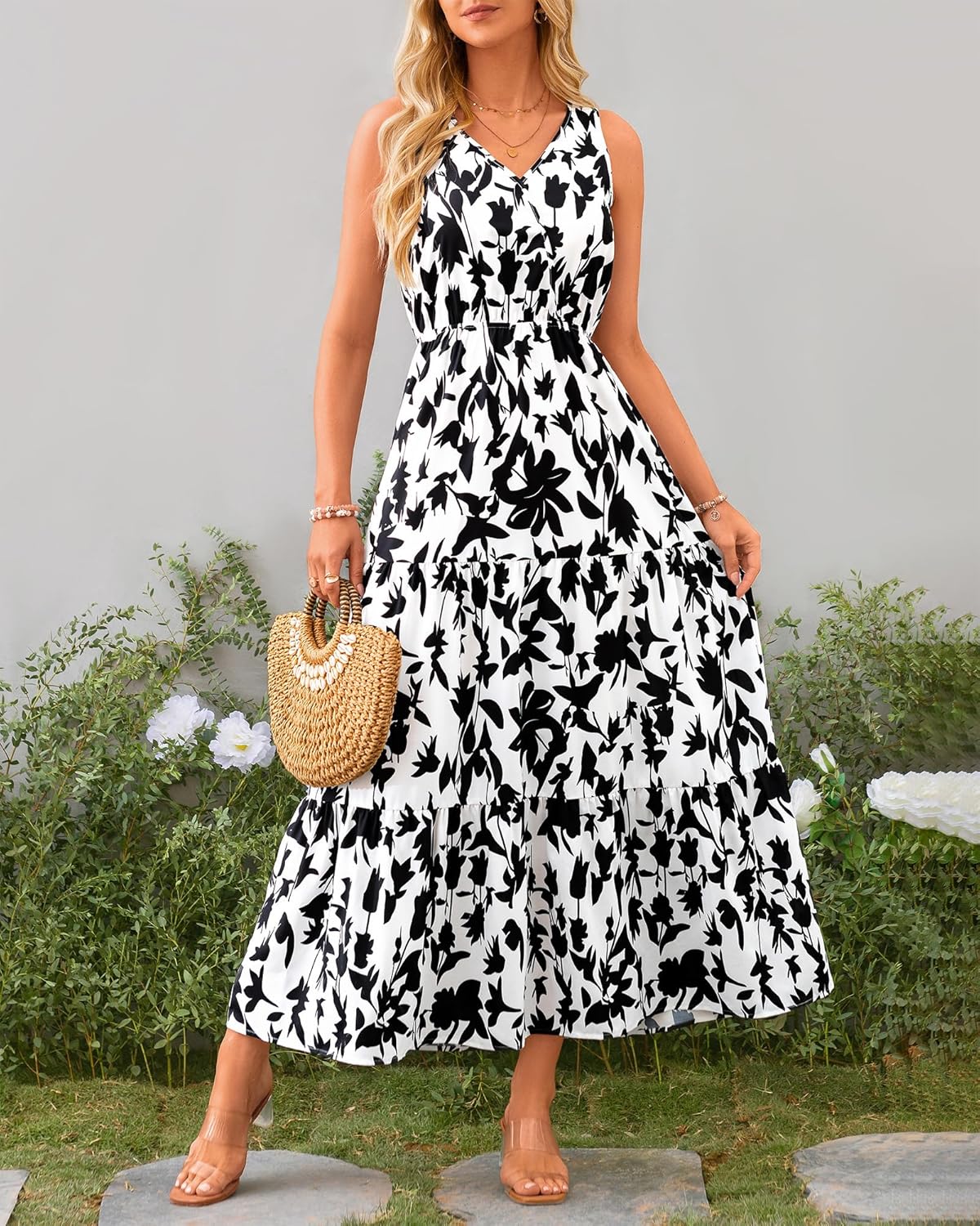 BTFBM Women Summer Dresses Casual Sleeveless Maxi Dresses Cute Floral Long Dress Wedding Guest Dress