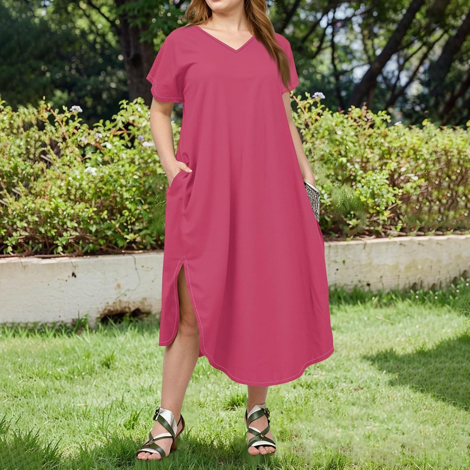 Maxi Dresses for Women 2025 Plus Size Tie Dye V Neck Dress Short Sleeve Side Split Beach Summer Sundress with Pocket