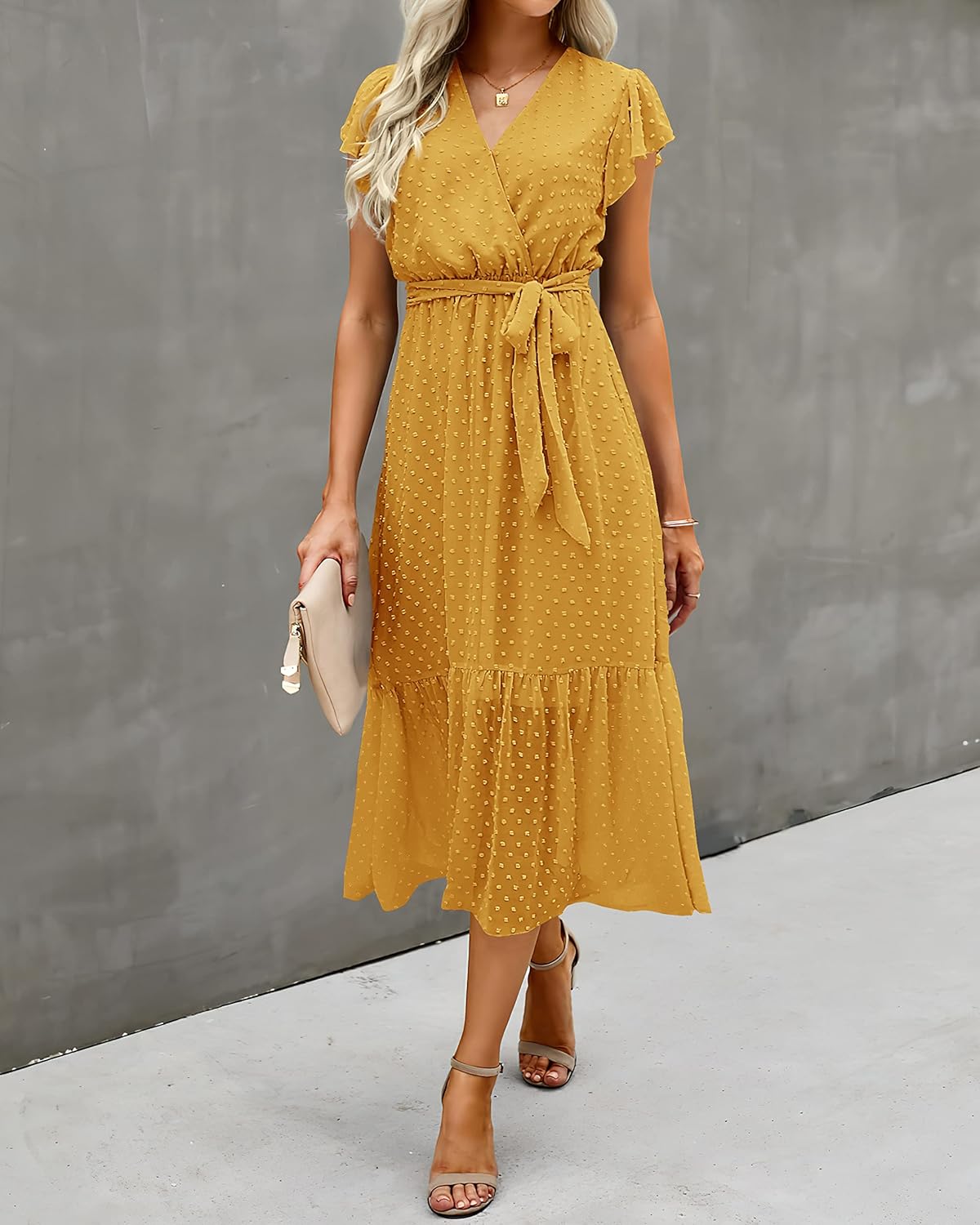 BTFBM Women Summer Bohemian Floral Casual Wrap V Neck Ruffle Cap Sleeveless Belt A-Line Pleated Hem Midi Sun Dress White