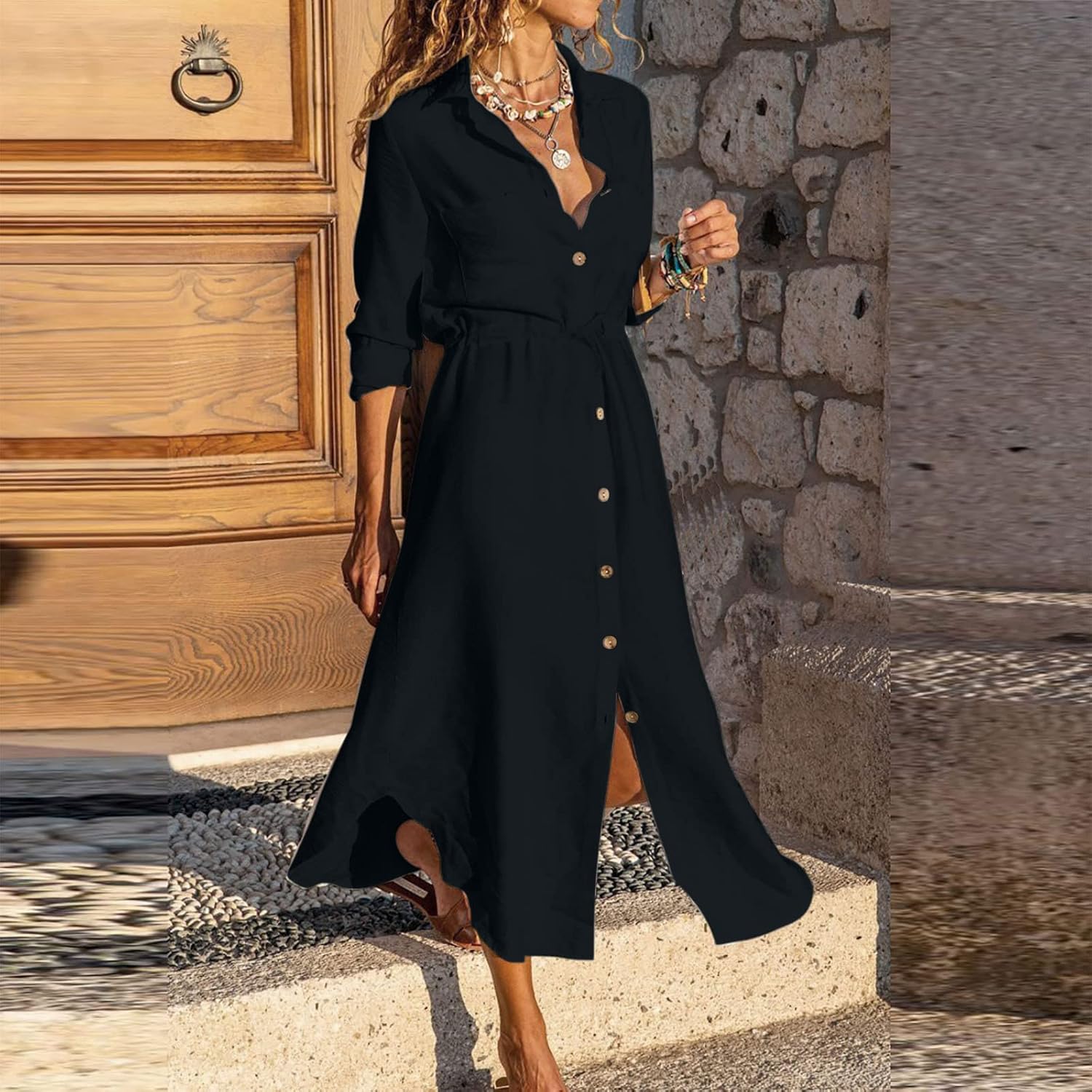 Women's Maxi Shirt Dresses Solid Cotton Linen Button Lapel Long Sleeves Summer Irregular Hem Daily Casual Sundress