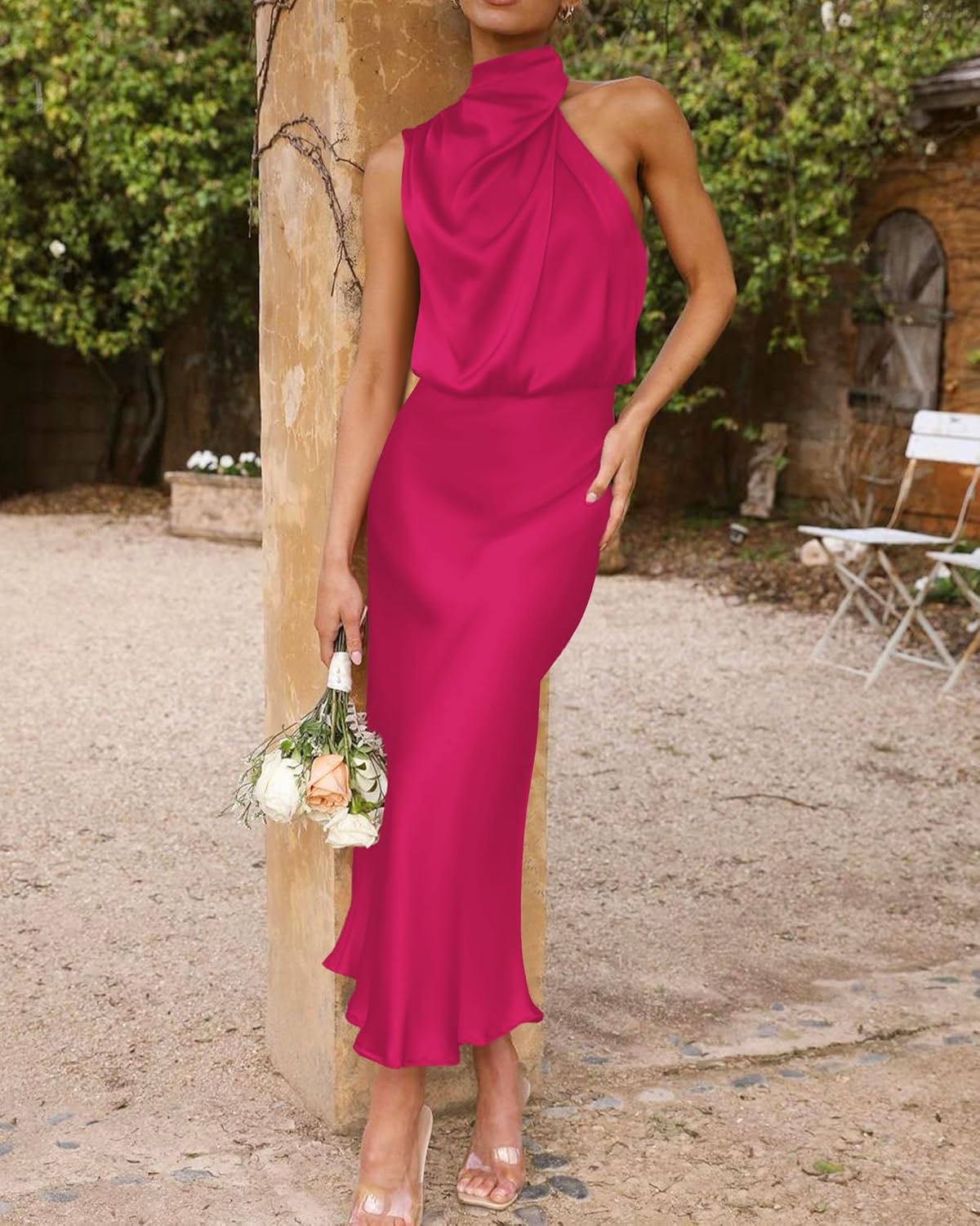 BTFBM Womens Sleeveless Cocktail Dresses Mock Neck Keyhole Elastic High Waist Evening Party Maxi Wedding Guest Dress