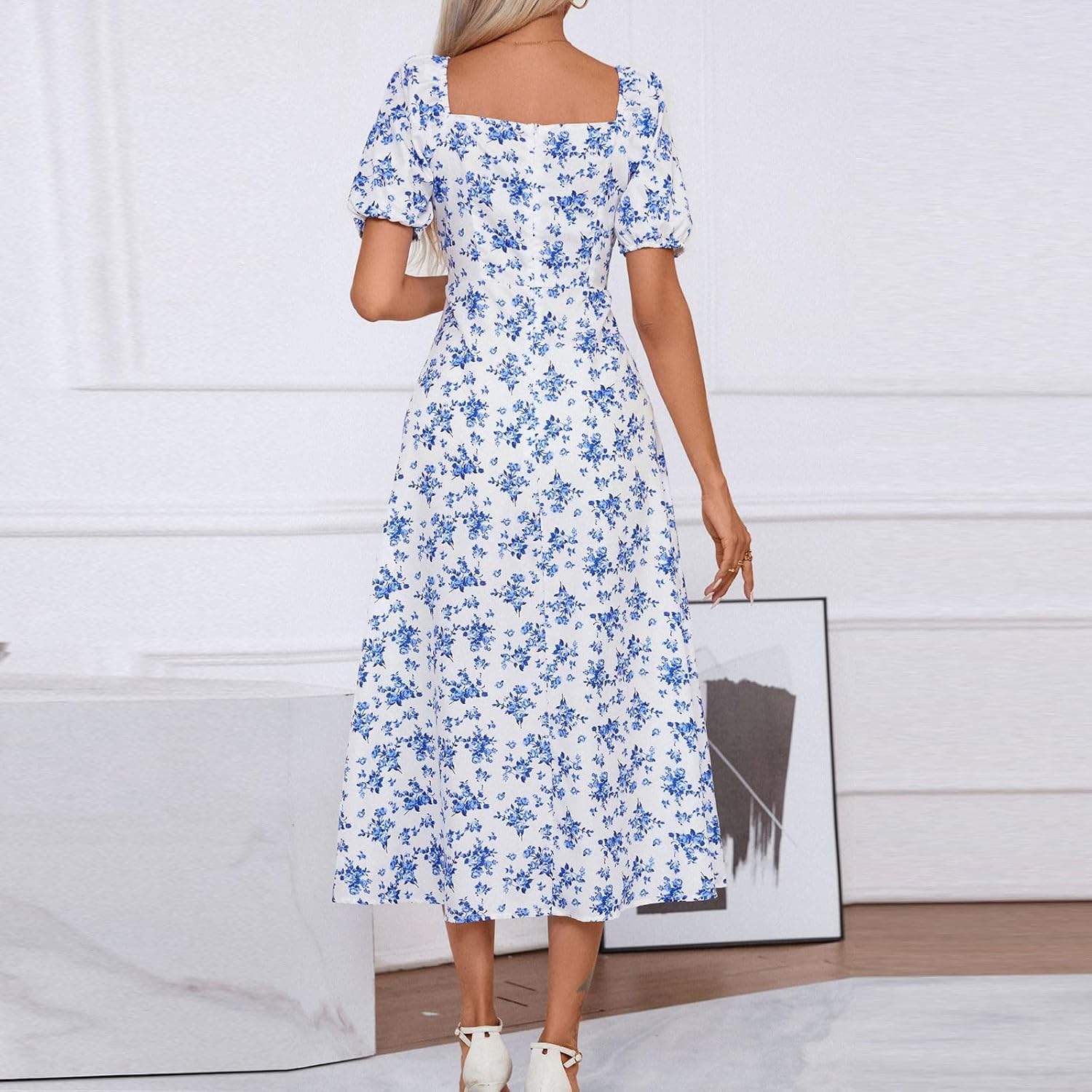Women's Sundresses 2025 Summer Casual Loose Trendy Bubble Sleeve Square Neck Split Bow Floral Print Dress Plus Size, XS-3XL