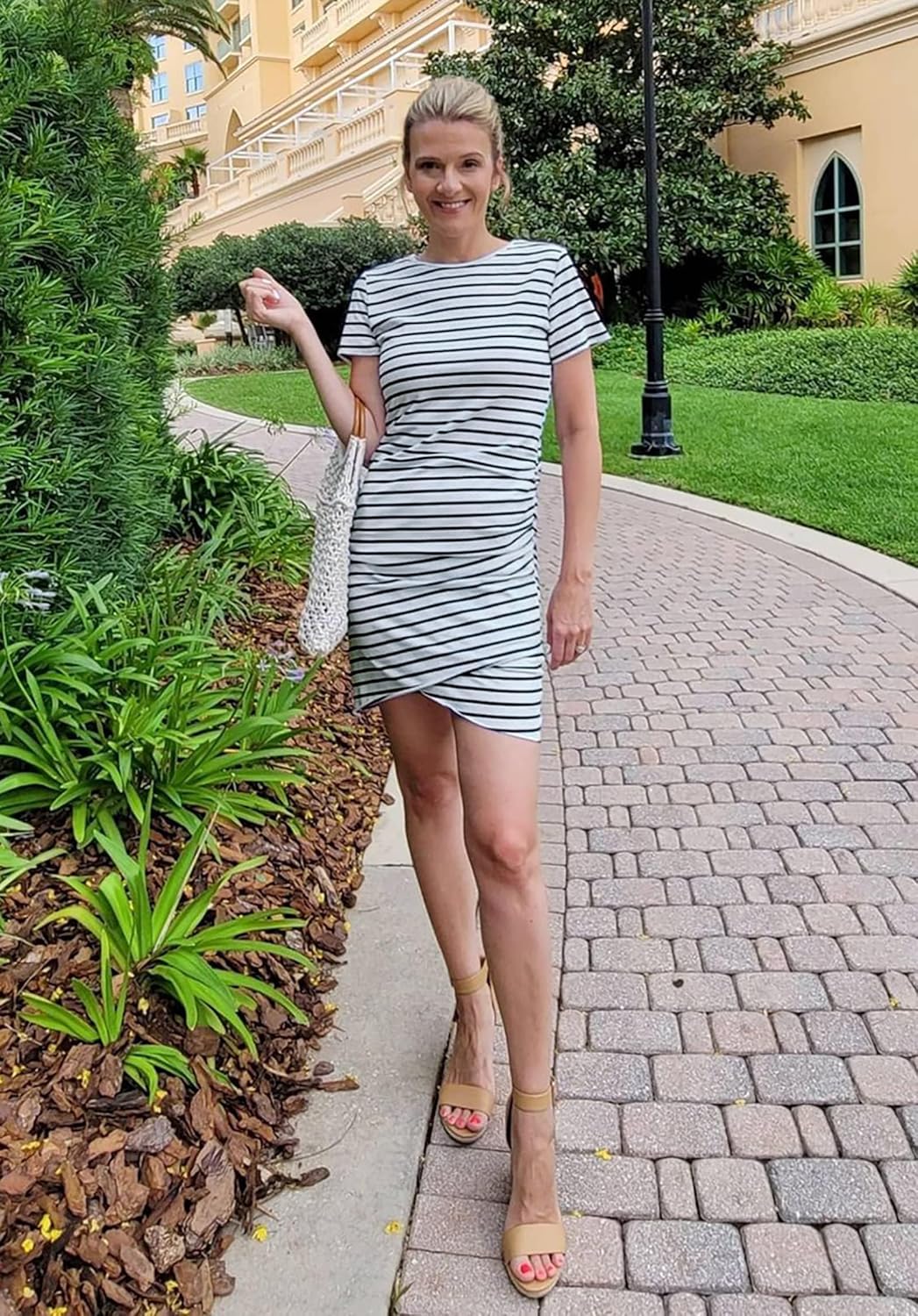 BTFBM Women's 2025 Summer Casual Beach Dresses Crew Neck Short Sleeve Wrap Party Club Mini Ruched Bodycon T Shirt Dress