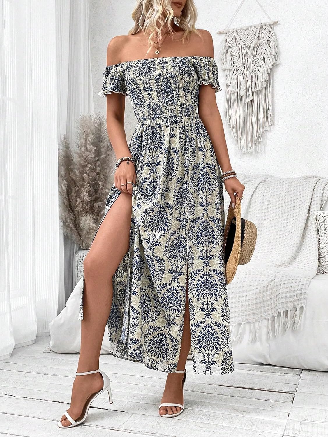 Floerns Women's Boho Floral Print Off Shoulder Split Long A Line Dress