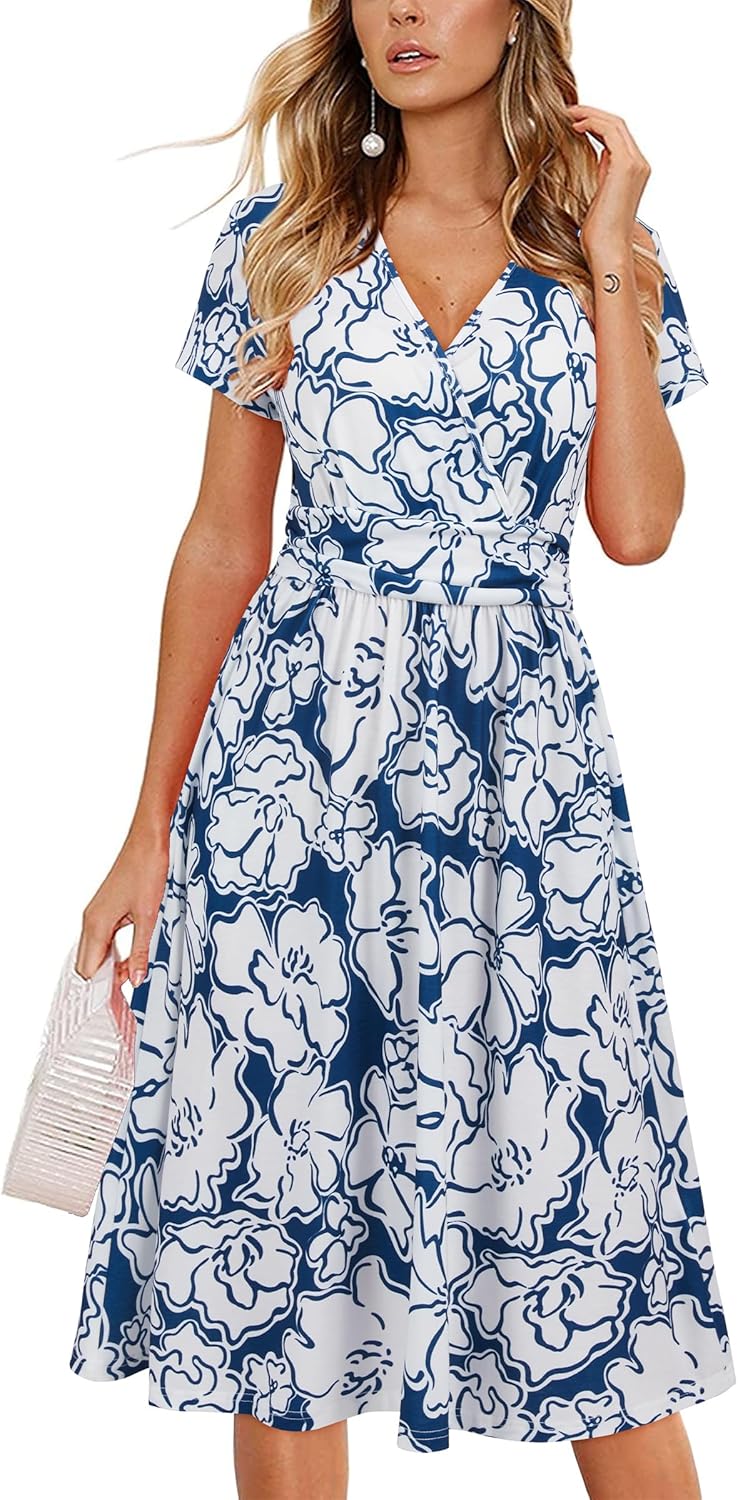 OUGES Women's Summer Short Sleeve V-Neck Floral Short Party Dress with Pockets