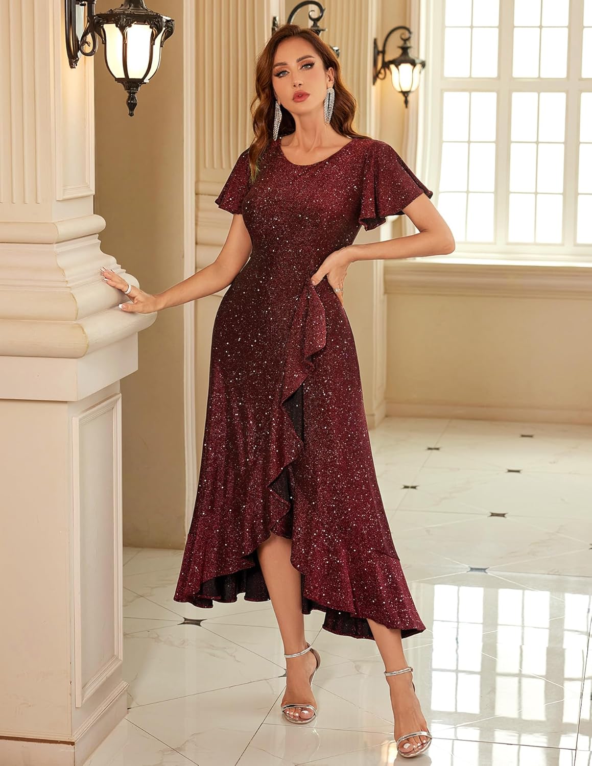 BeryLove Women Sequin Formal Party Dress Flutter Short Sleeve Wedding Cocktail Long Evening Dress