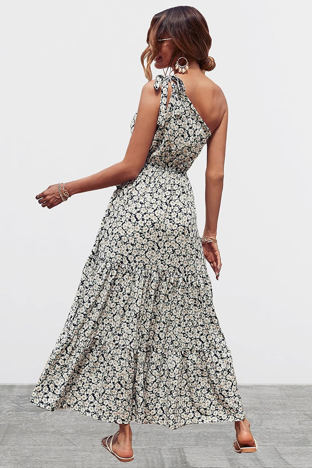 PRETTYGARDEN Women's Summer Floral Maxi Dress Knot One Shoulder Sleeveless Ruffle Flowy Boho Beach Wedding Guest Dresses