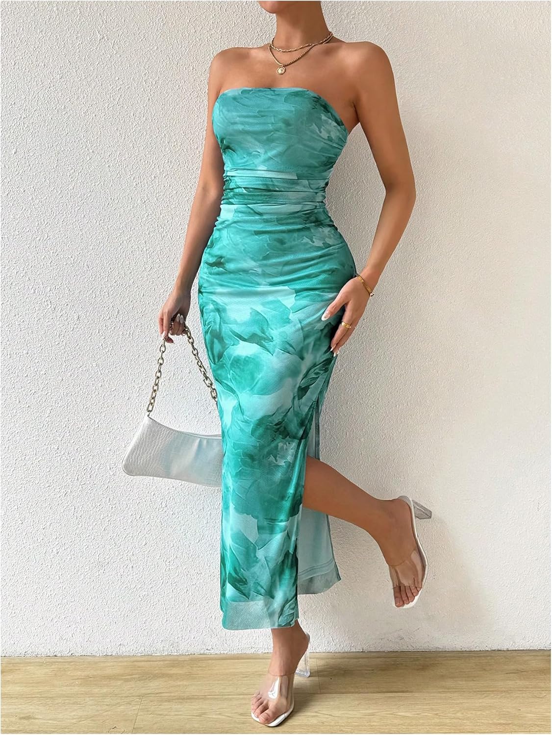 Milumia Women's Printed Strapless Tube Top Long Dress Slit Hem Sleeveless Bodycon Maxi Dresses