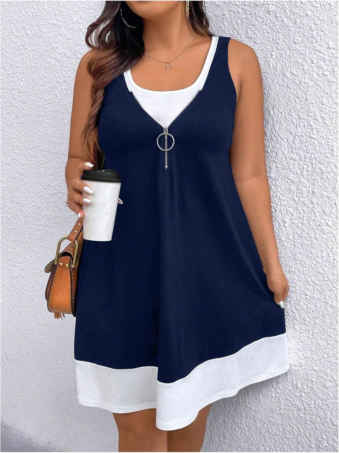Verdusa Women's Plus Size Summer Dress Color Block Quarter Zip Tank Dress Sleeveless Short Dresses