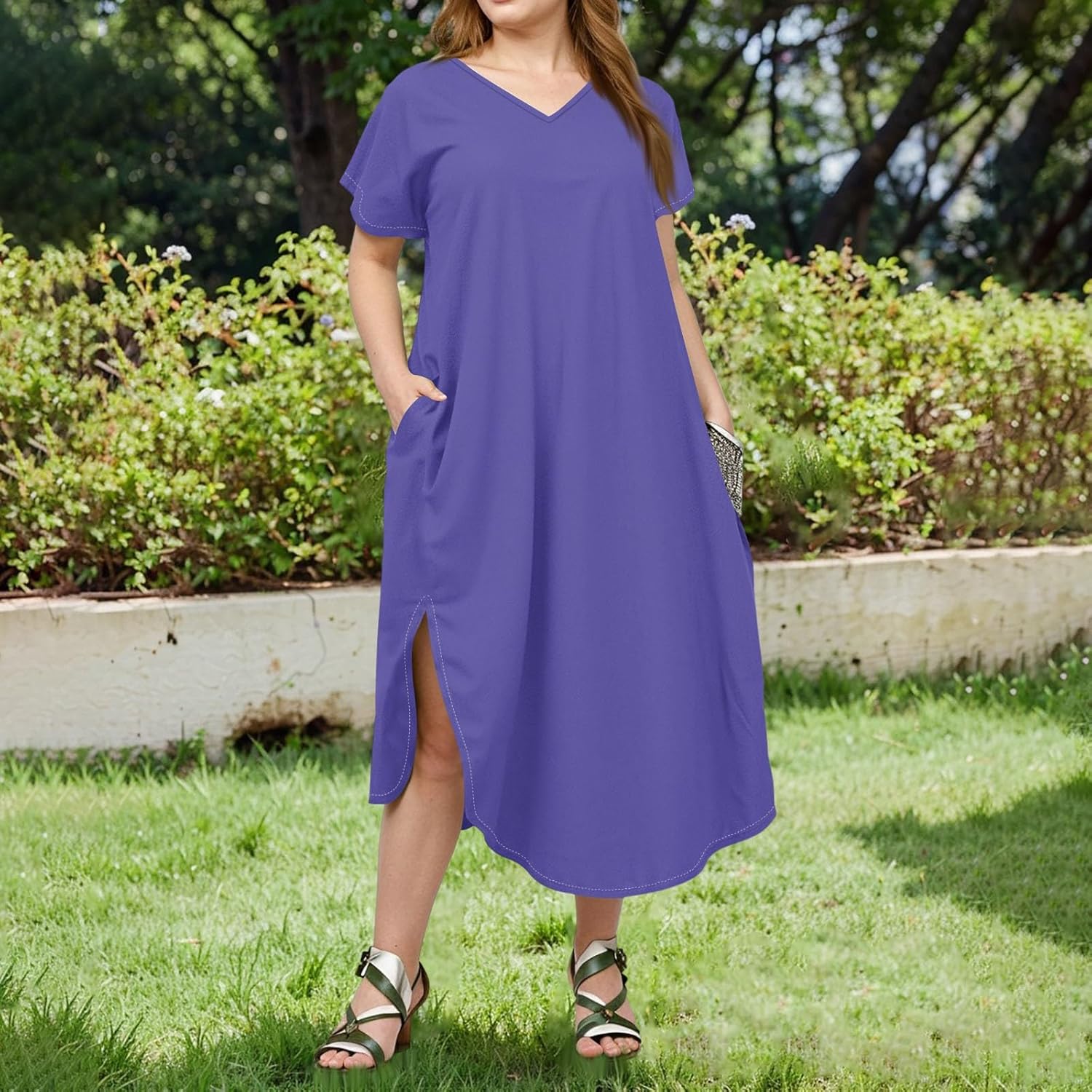 Maxi Dresses for Women 2025 Plus Size Tie Dye V Neck Dress Short Sleeve Side Split Beach Summer Sundress with Pocket