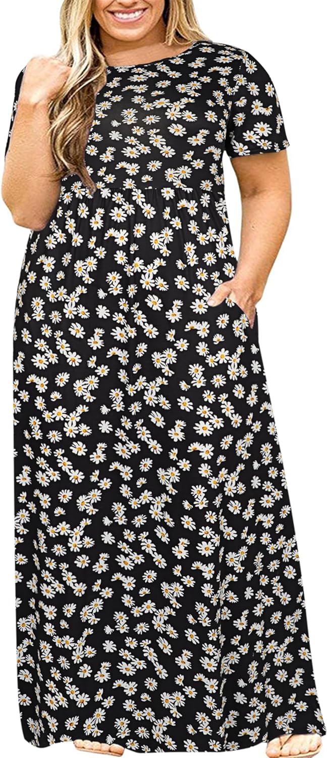 Kancystore Women's Short Sleeve Plus Size Maxi Dress with Pockets Loose Casual Summer Dresses
