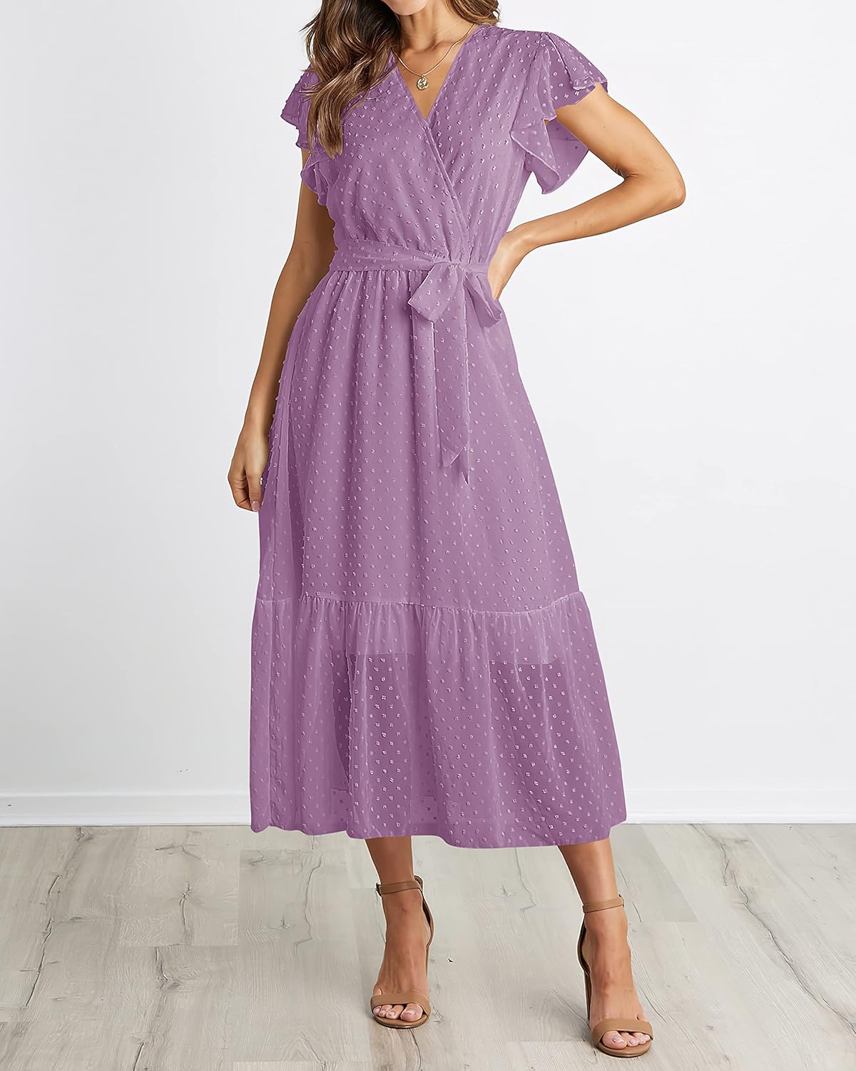 BTFBM Women Summer Bohemian Floral Casual Wrap V Neck Ruffle Cap Sleeveless Belt A-Line Pleated Hem Midi Sun Dress White