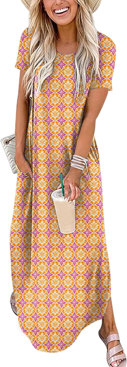ANRABESS Women's Summer Casual Loose Short Sleeve Long T Shirt Dress Split Maxi Beach Sundress Travel Vacation Outfits