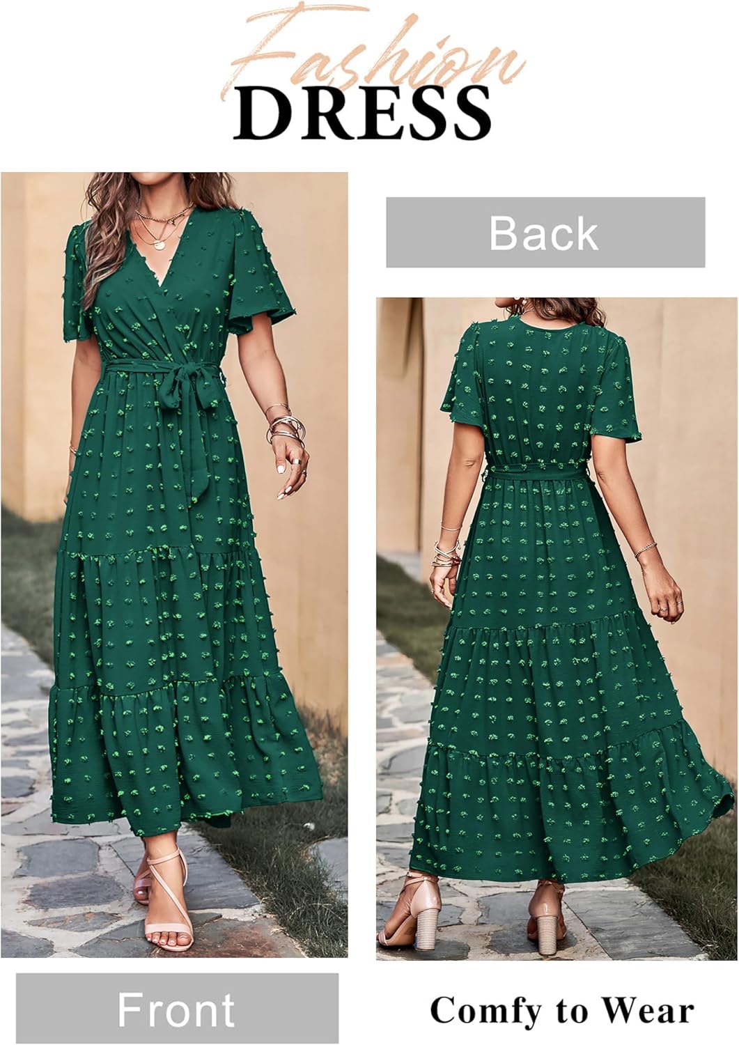 MASCOMODA Womens Boho Swiss Dot Maxi Dresses Wrap V Neck Flutter Short Sleeve Solid Tie Belt A Line Tiered Flowy Long Dress