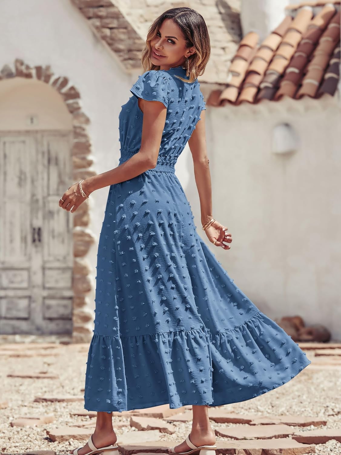 PRETTYGARDEN Womens Dresses 2025 Summer Maxi Dress Boho Short Sleeve V Neck Swiss Dot Ruffle Tiered Smocked Flowy Long Dress