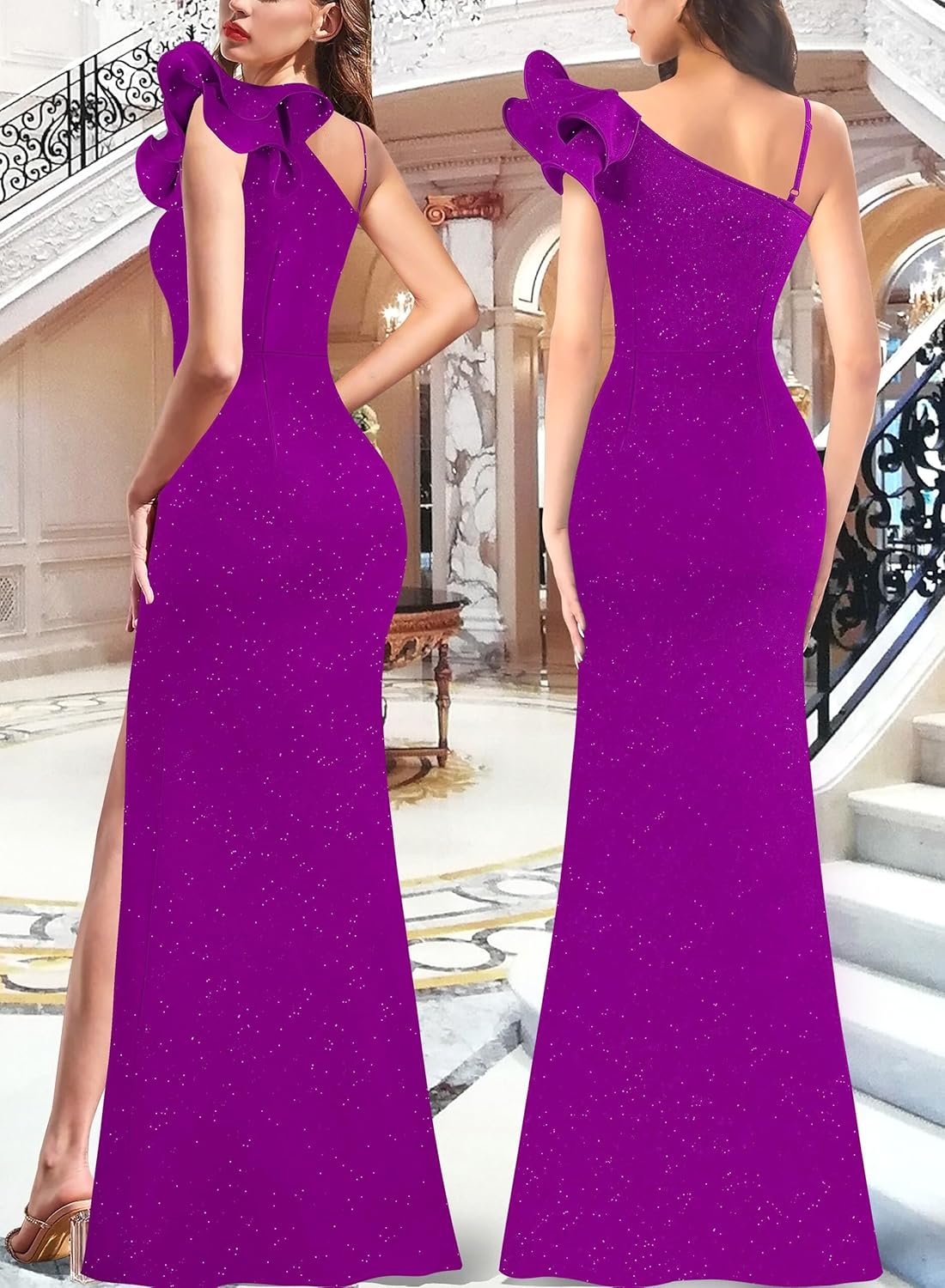 VFSHOW Womens Ruffle One Shoulder Strap Ruched Formal Prom Wedding Maxi Dress V Neck Elegant Split Cocktail Evening Long Gown