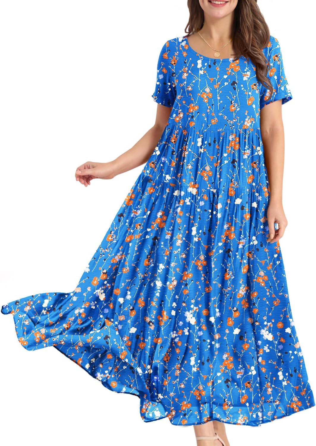 YESNO Women Casual Loose Bohemian Floral Dress with Pockets Short Sleeve Long Maxi Summer Beach Swing Dress EJF