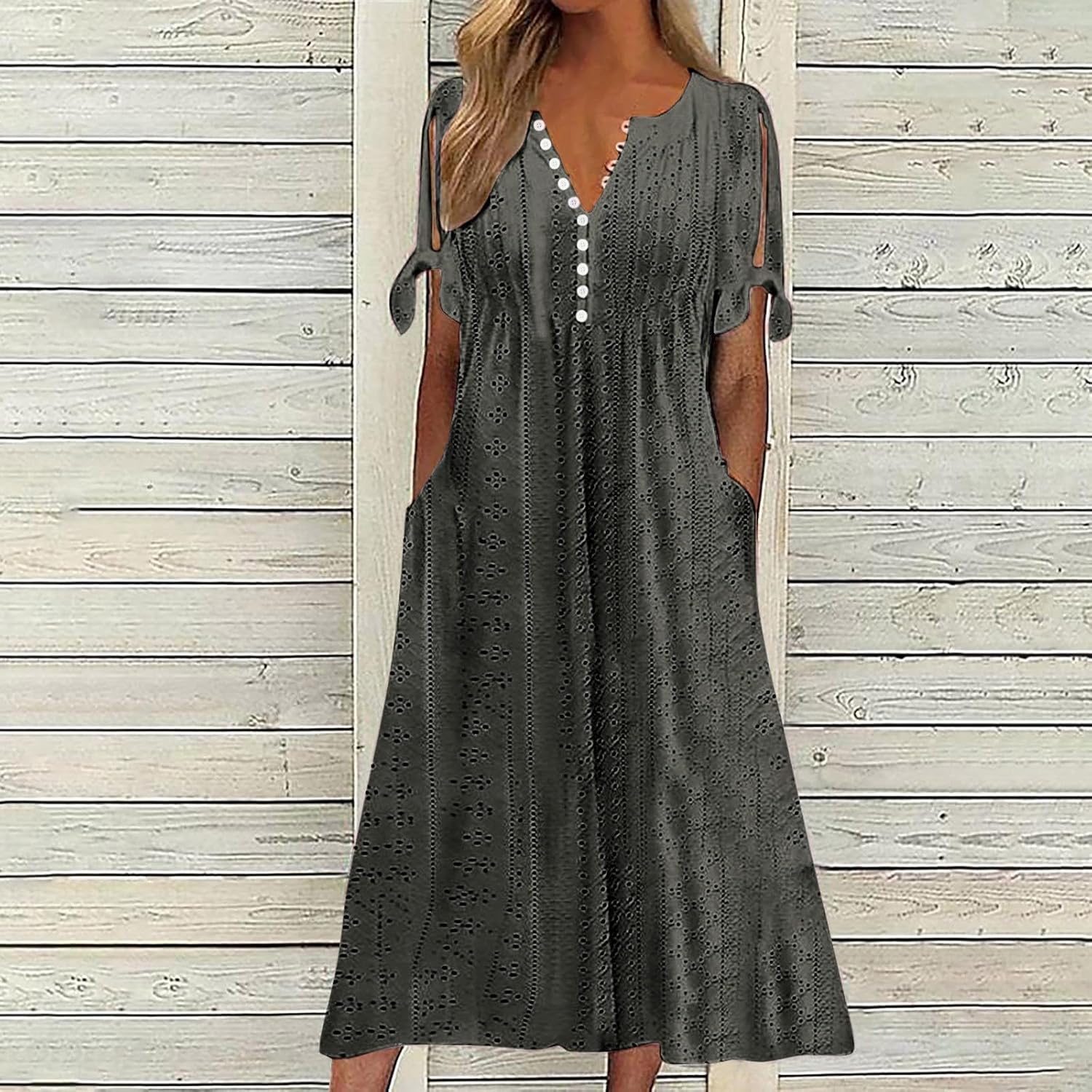 ZYXTIM Womens Eyelet Dress V Neck Short Sleeve Hollow Out Summer Beach Vacation Dresses Swing A Line Vintage Long Dresses