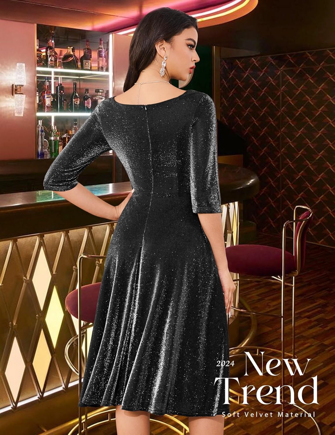 Dressystar Womens Long-Sleeve Wedding Guest Dress A-Line Lace Formal Party Cocktail Midi Dress Prom Gown