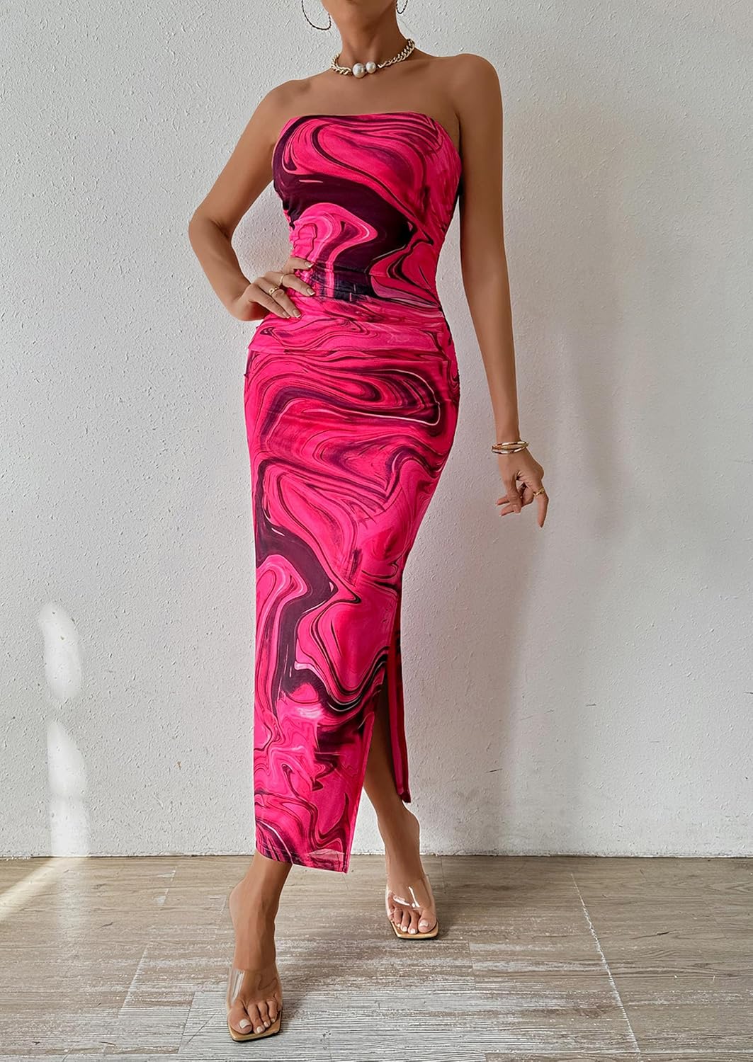PRETTYGARDEN Women's Summer Maxi Bodycon Dresses Strapless Tube Top Printed Long Party Club Slit Dress