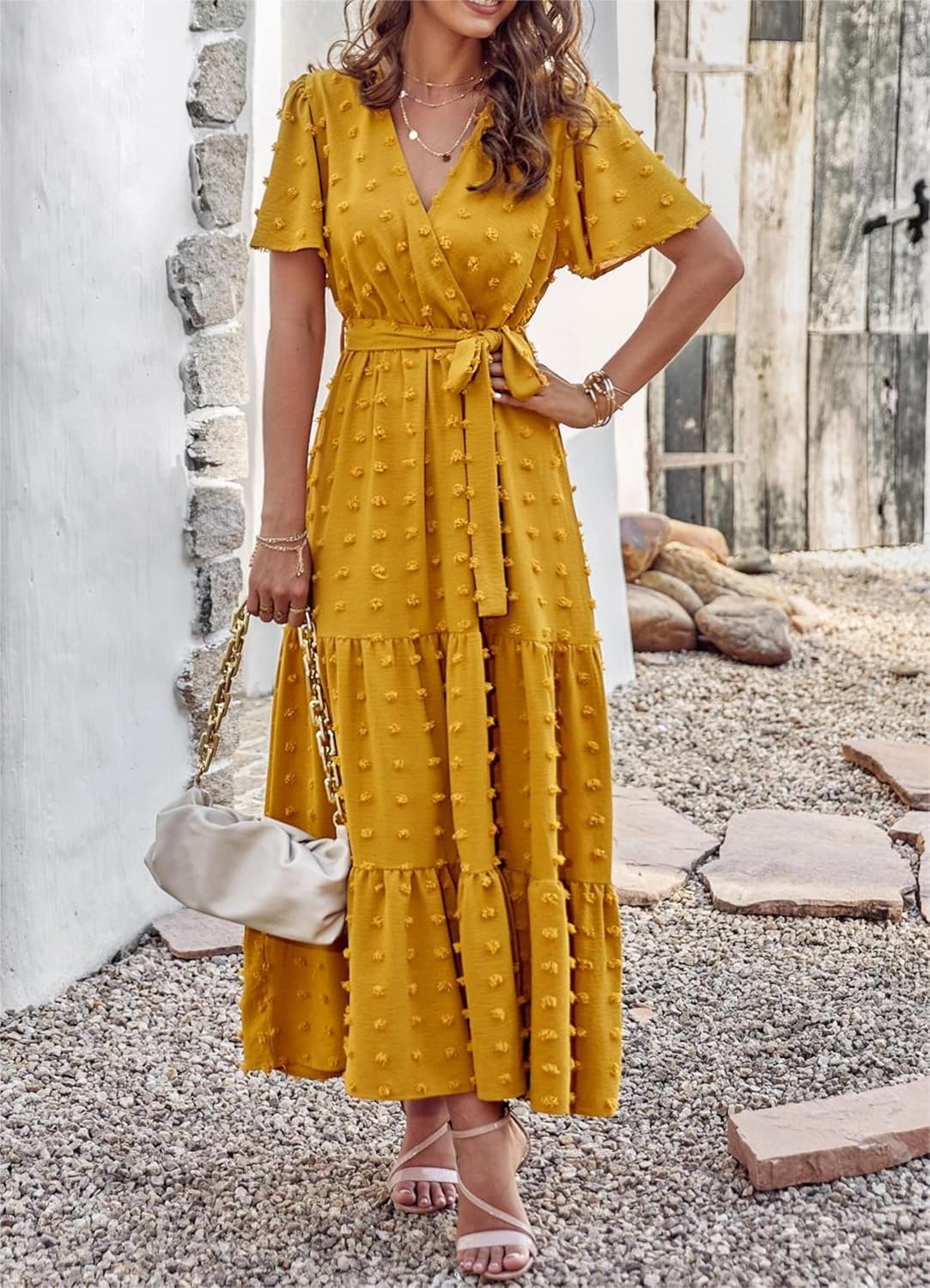 MASCOMODA Womens Boho Swiss Dot Maxi Dresses Wrap V Neck Flutter Short Sleeve Solid Tie Belt A Line Tiered Flowy Long Dress