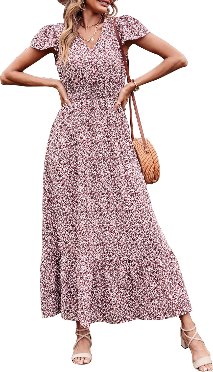 PRETTYGARDEN Womens Dresses 2025 Summer Maxi Dress Boho Short Sleeve V Neck Swiss Dot Ruffle Tiered Smocked Flowy Long Dress