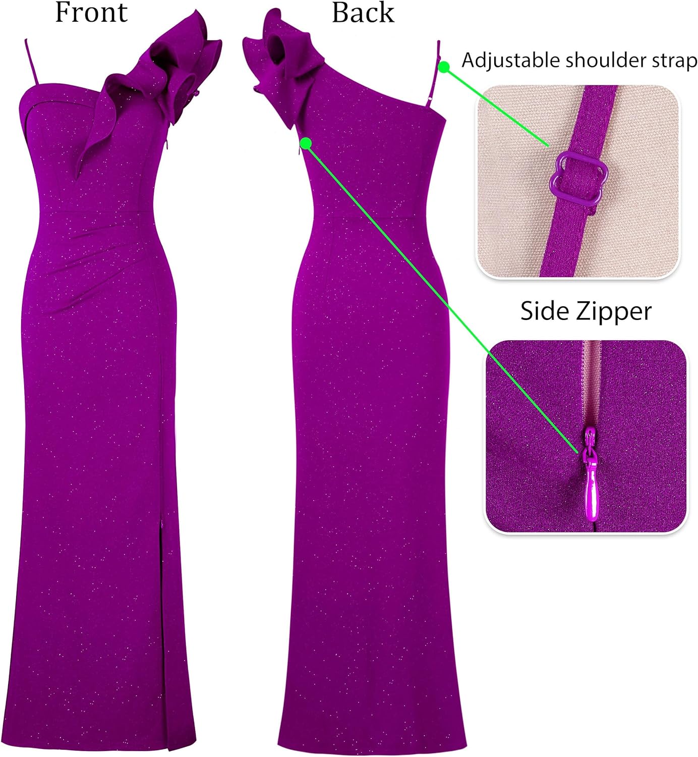 VFSHOW Womens Ruffle One Shoulder Strap Ruched Formal Prom Wedding Maxi Dress V Neck Elegant Split Cocktail Evening Long Gown