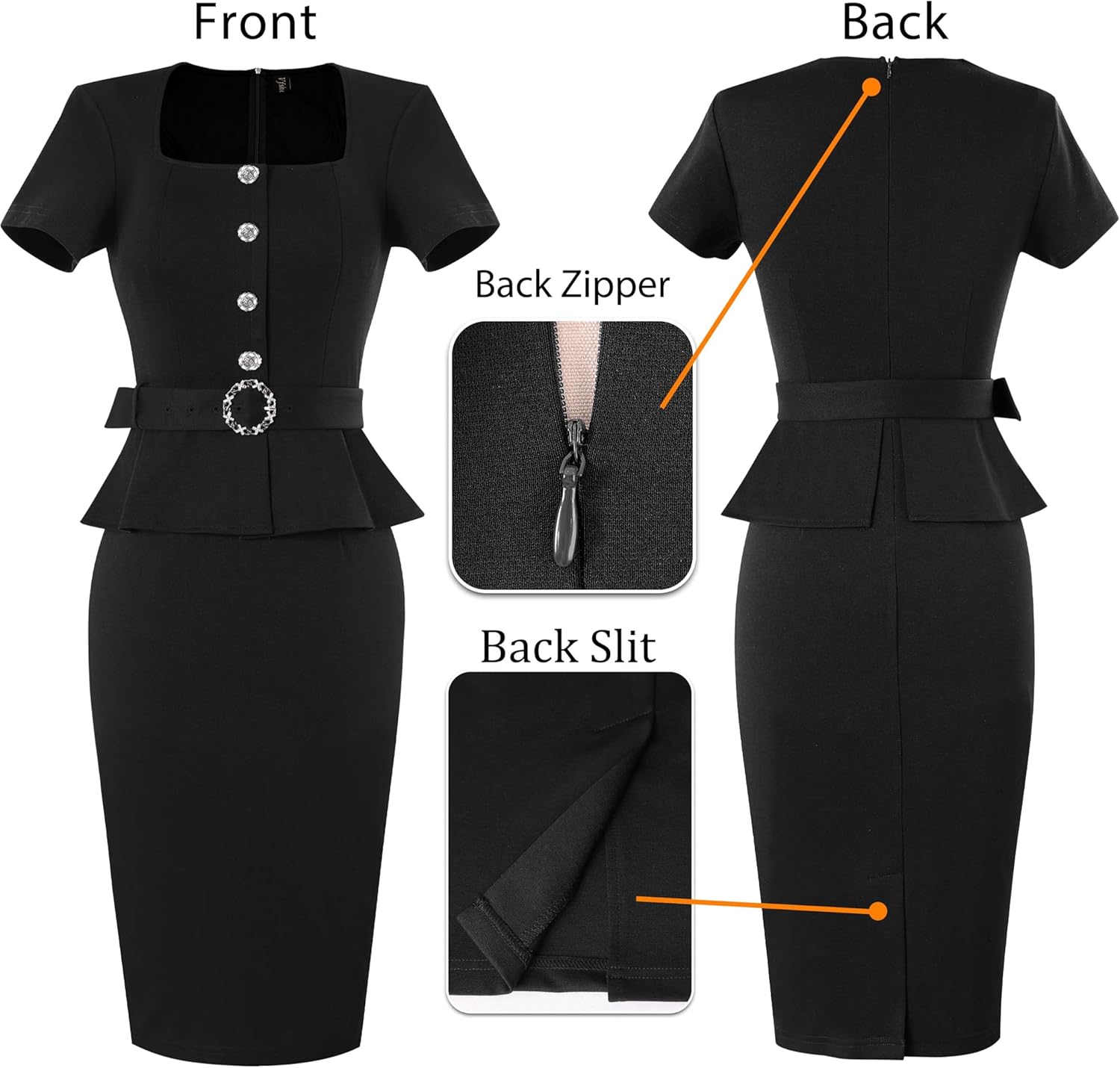 VFSHOW Womens 2024 Business Work Office Square Neck Belted Peplum Buttons Slim Bodycon Sheath Dress