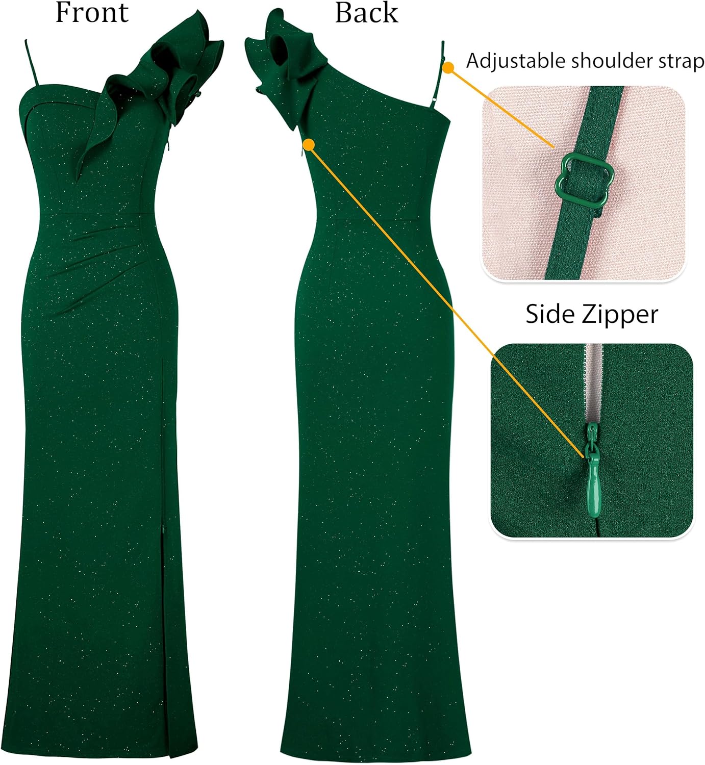 VFSHOW Womens Ruffle One Shoulder Strap Ruched Formal Prom Wedding Maxi Dress V Neck Elegant Split Cocktail Evening Long Gown