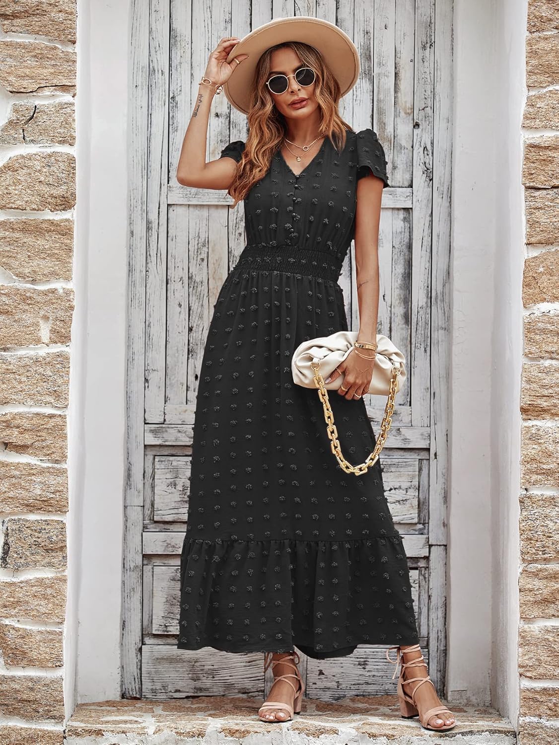 PRETTYGARDEN Womens Dresses 2025 Summer Maxi Dress Boho Short Sleeve V Neck Swiss Dot Ruffle Tiered Smocked Flowy Long Dress