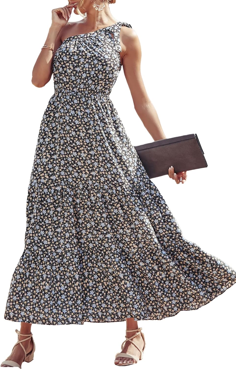 PRETTYGARDEN Women's Summer Floral Maxi Dress Knot One Shoulder Sleeveless Ruffle Flowy Boho Beach Wedding Guest Dresses