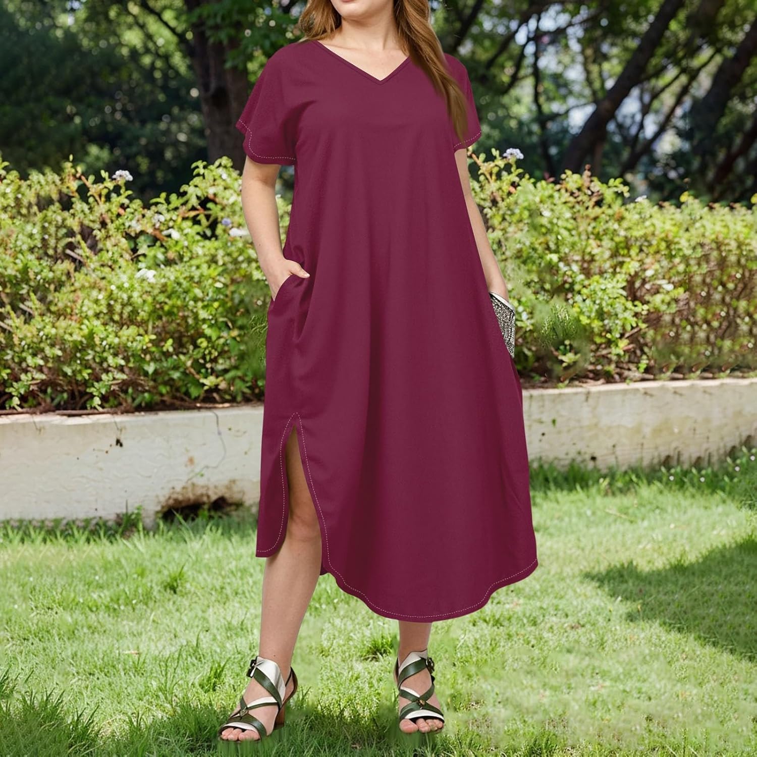 Maxi Dresses for Women 2025 Plus Size Tie Dye V Neck Dress Short Sleeve Side Split Beach Summer Sundress with Pocket