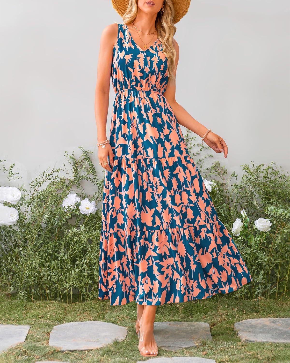 BTFBM Women Summer Dresses Casual Sleeveless Maxi Dresses Cute Floral Long Dress Wedding Guest Dress