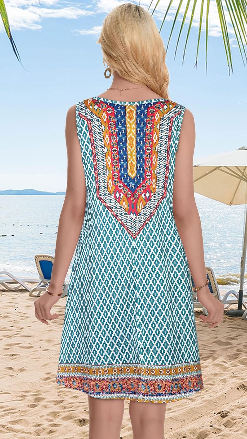 Summer Dresses for Women Beach Boho Sleeveless Vintage Floral Flowy Pocket Tshirt Tank Sundresses