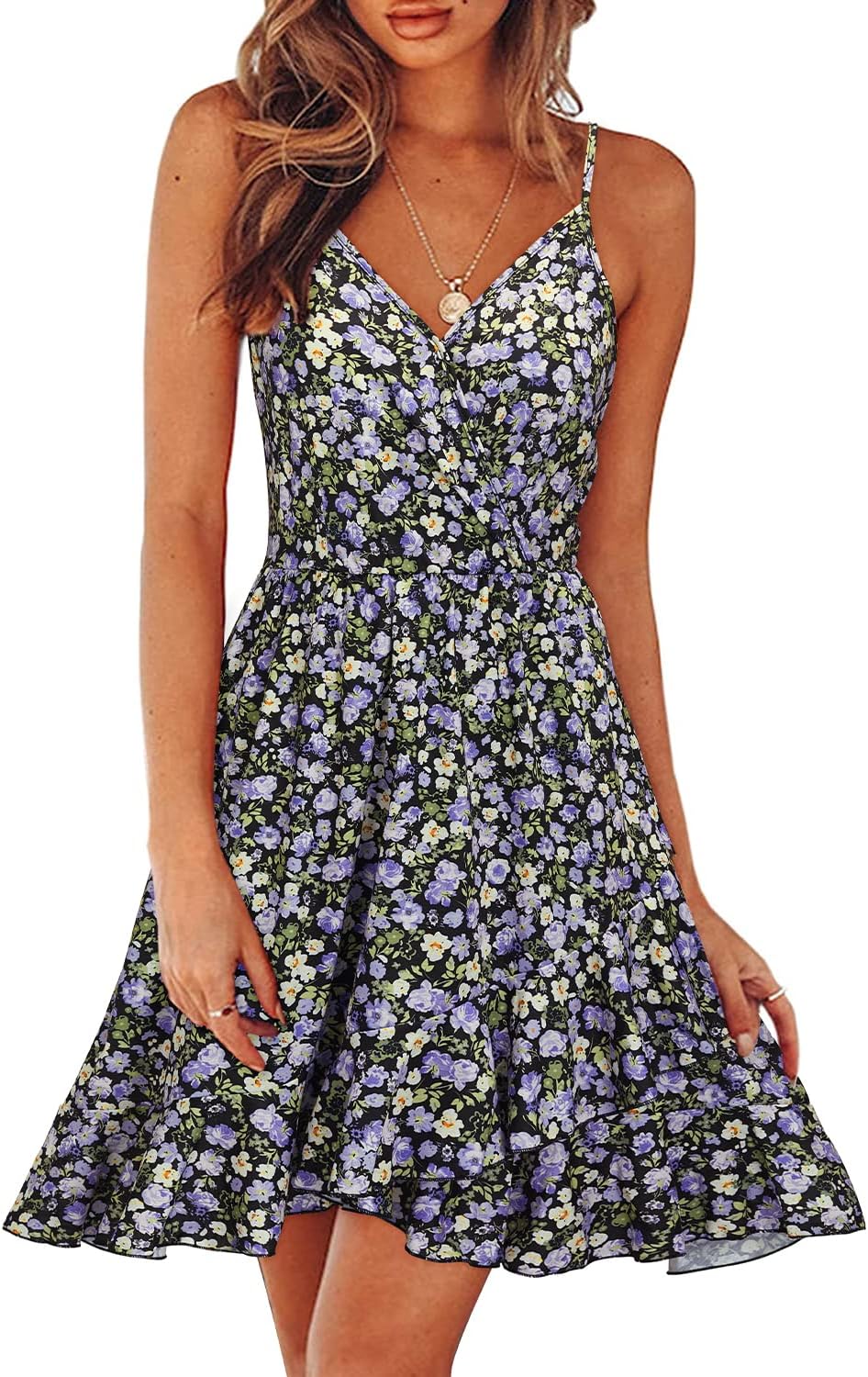 ULTRANICE Womens Summer Dresses Floral V Neck Ruffled Hem Spaghetti Spring Casual Beach Outfits Flowy Wrap Sun Dress
