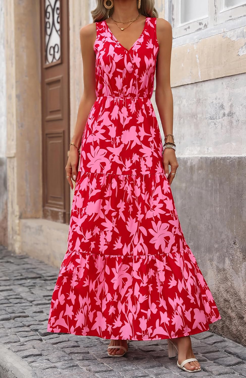 BTFBM Women Summer Dresses Casual Sleeveless Maxi Dresses Cute Floral Long Dress Wedding Guest Dress