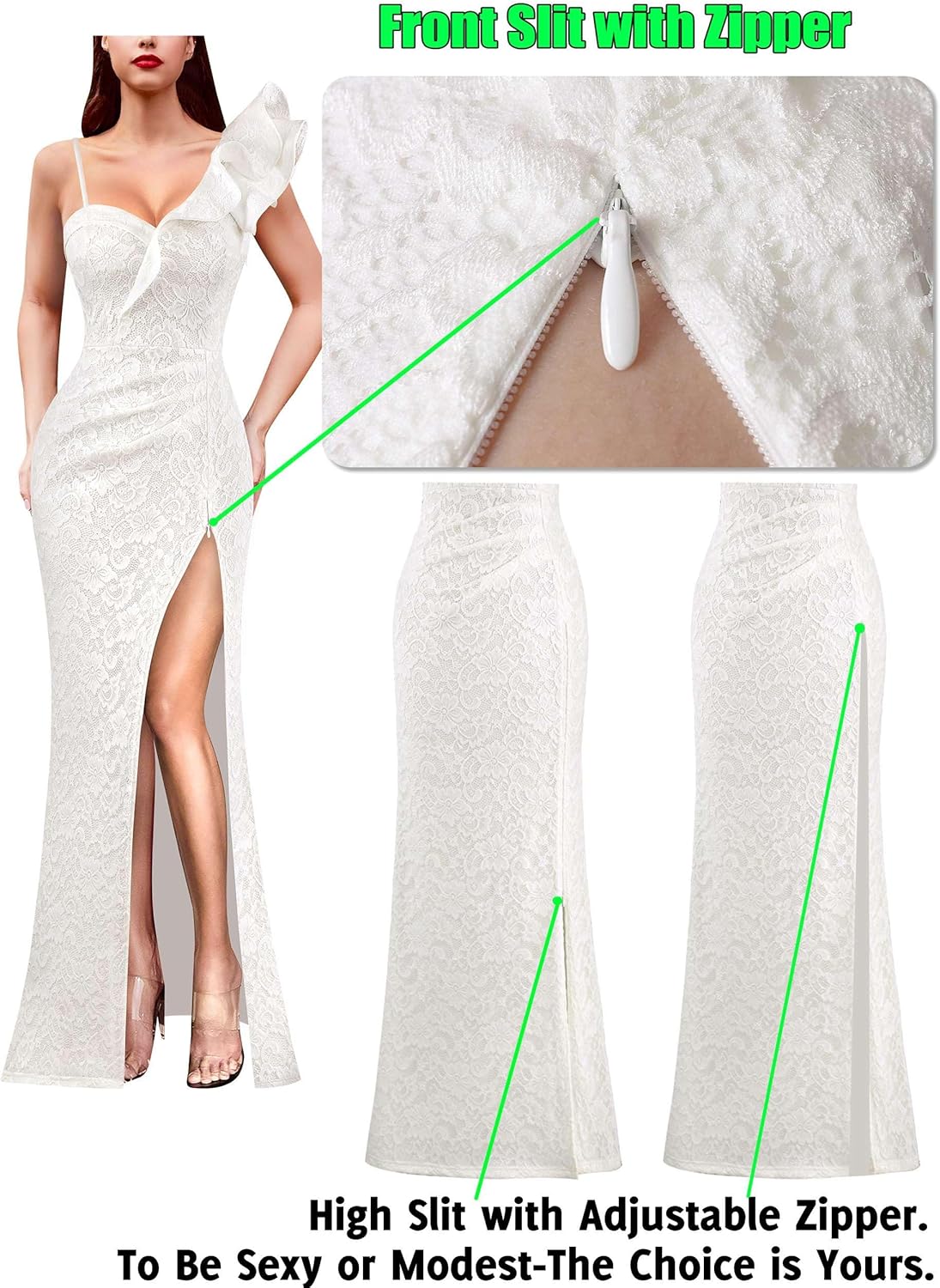 VFSHOW Womens Ruffle One Shoulder Strap Ruched Formal Prom Wedding Maxi Dress V Neck Elegant Split Cocktail Evening Long Gown