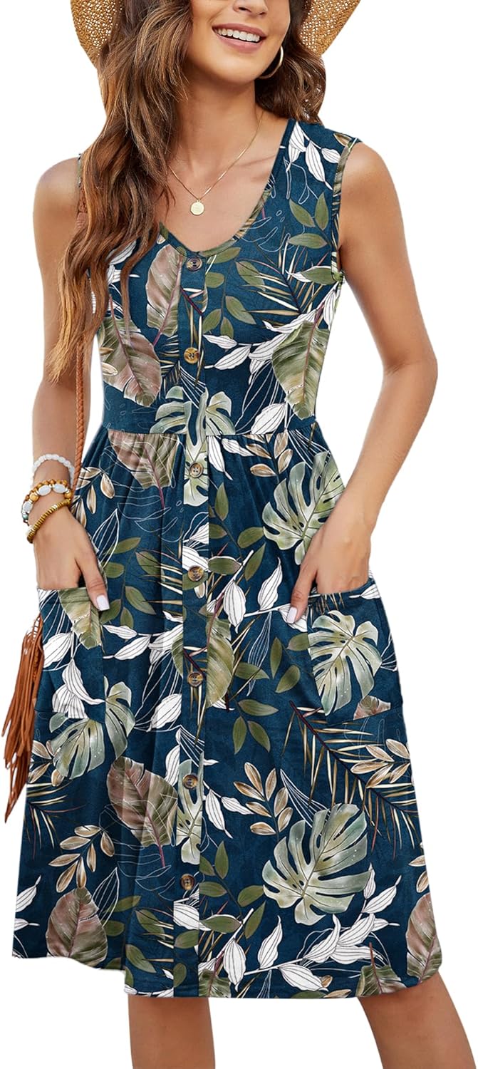 MOLERANI Women Summer Dresses Sleeveless Casual Loose Swing Button Down Midi Dress with Pockets