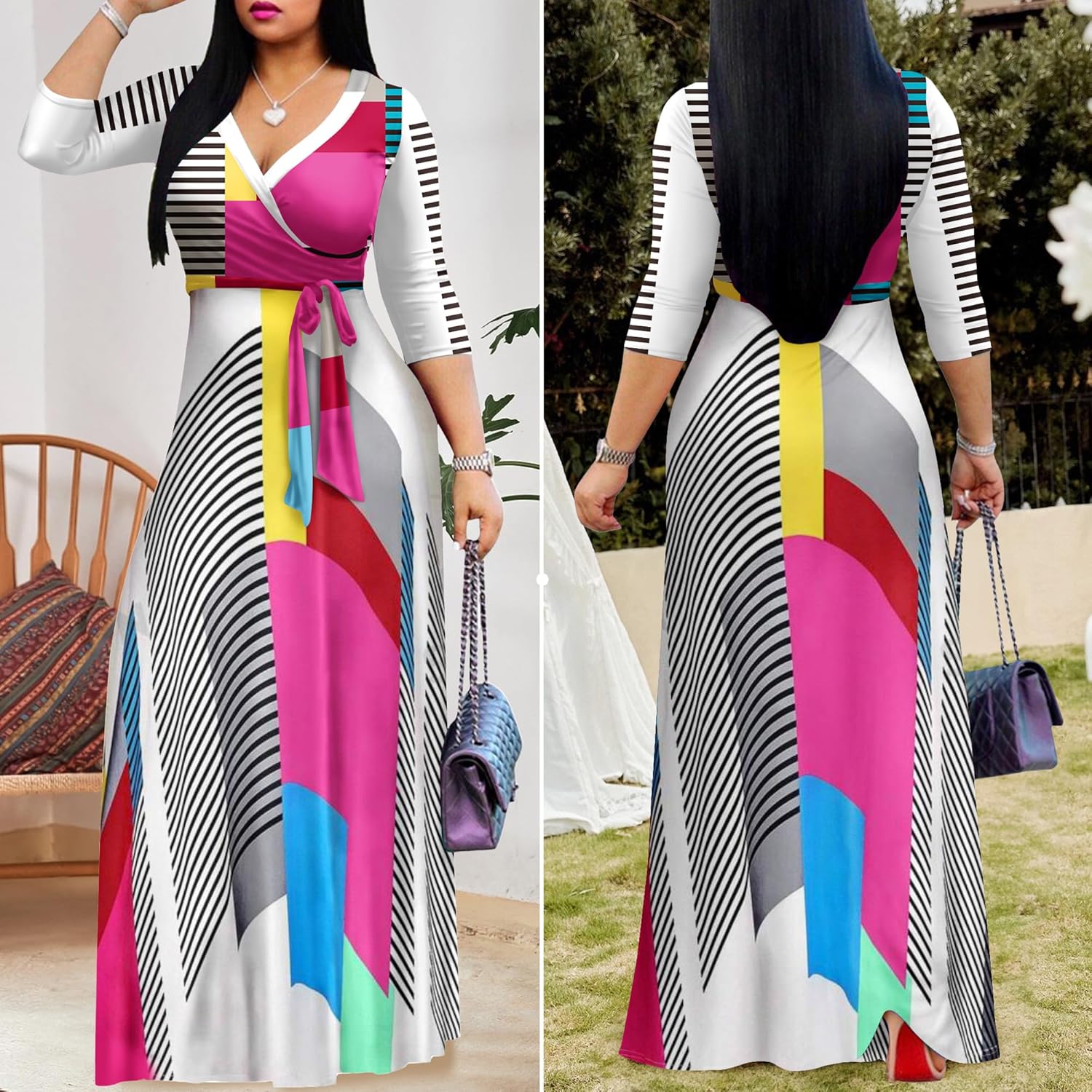 FANDEE Plus Size Maxi Dress for Women Casual Summer Sundress V-Neck 3/4 Sleeve