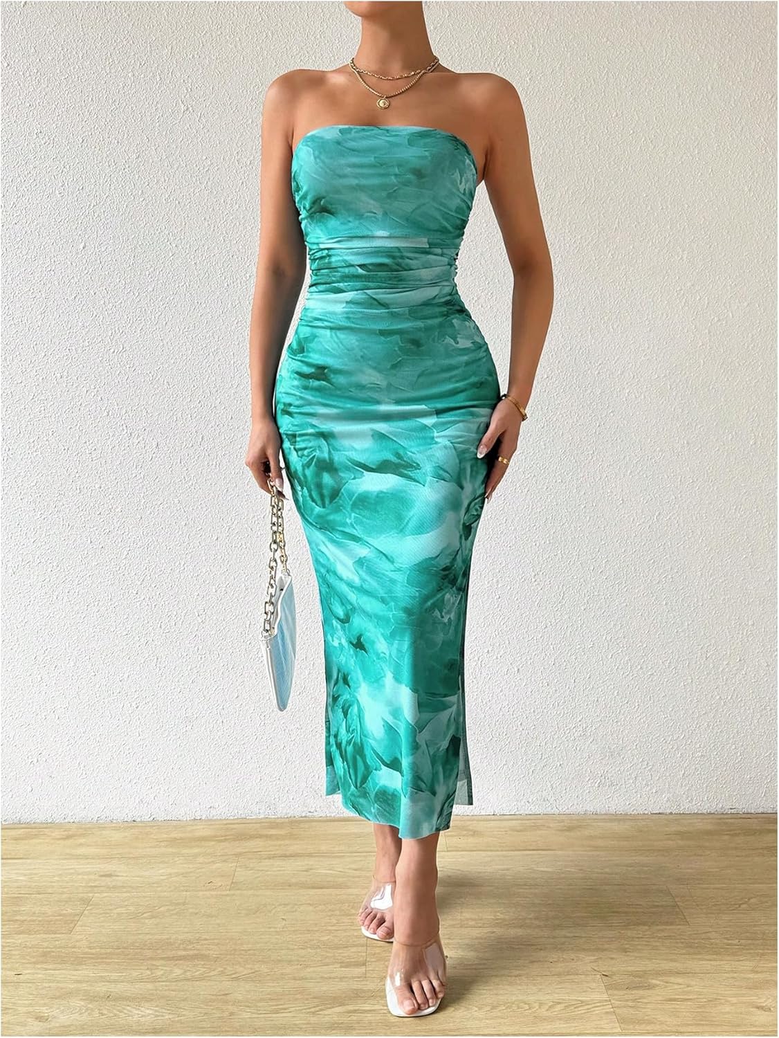 Milumia Women's Printed Strapless Tube Top Long Dress Slit Hem Sleeveless Bodycon Maxi Dresses