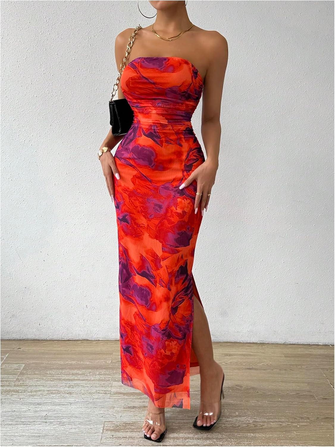 Milumia Women's Printed Strapless Tube Top Long Dress Slit Hem Sleeveless Bodycon Maxi Dresses