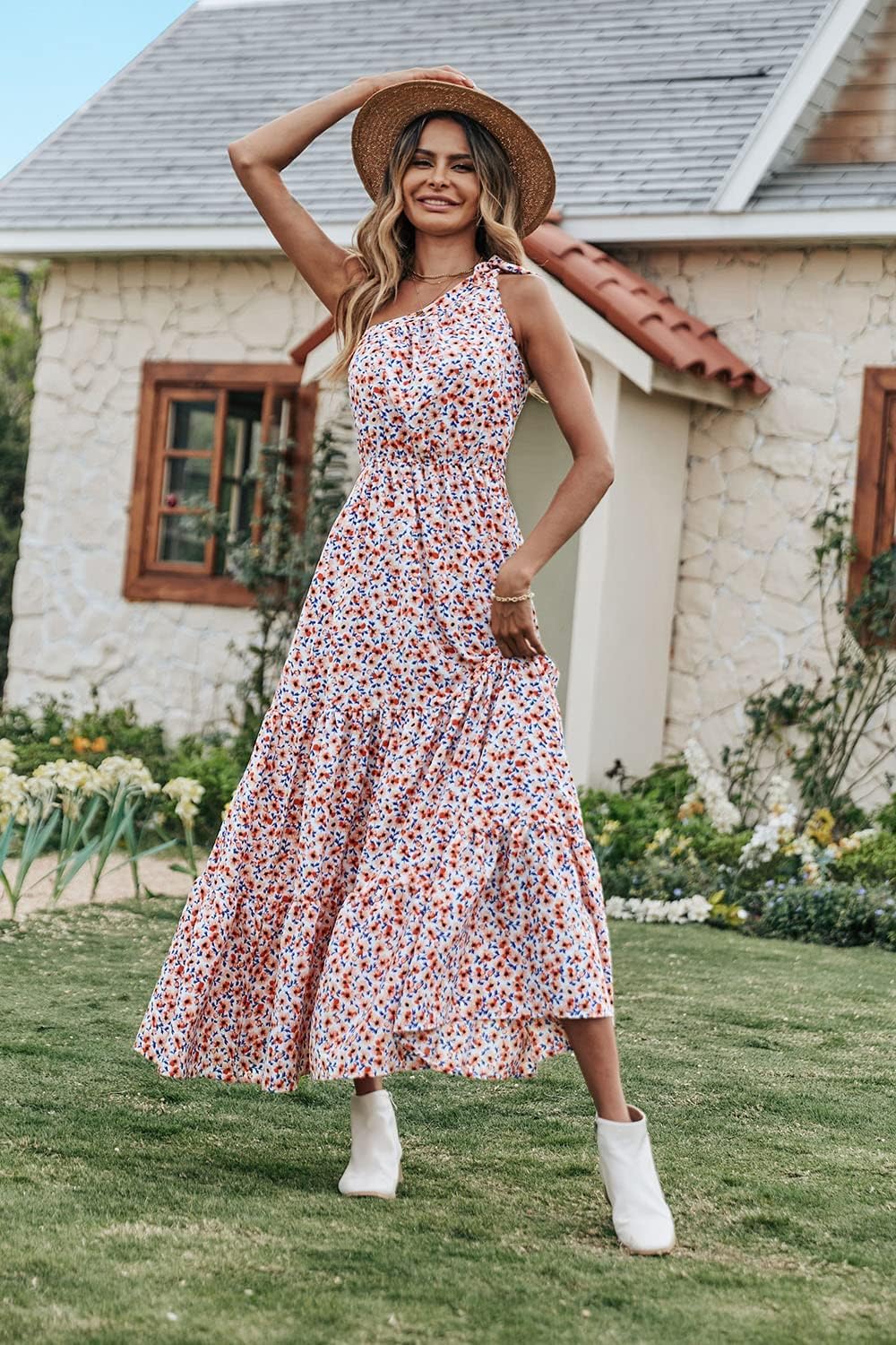 PRETTYGARDEN Women's Summer Floral Maxi Dress Knot One Shoulder Sleeveless Ruffle Flowy Boho Beach Wedding Guest Dresses