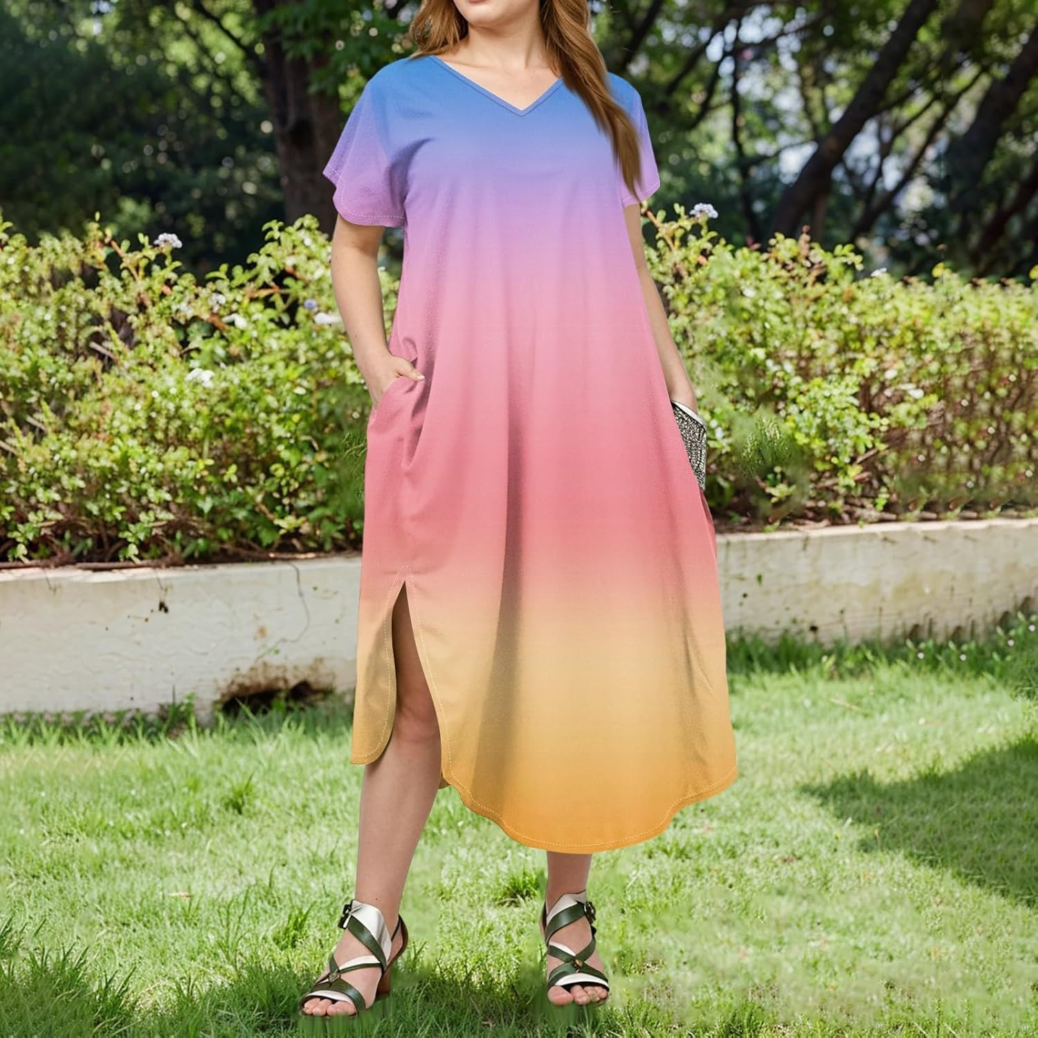 Maxi Dresses for Women 2025 Plus Size Tie Dye V Neck Dress Short Sleeve Side Split Beach Summer Sundress with Pocket