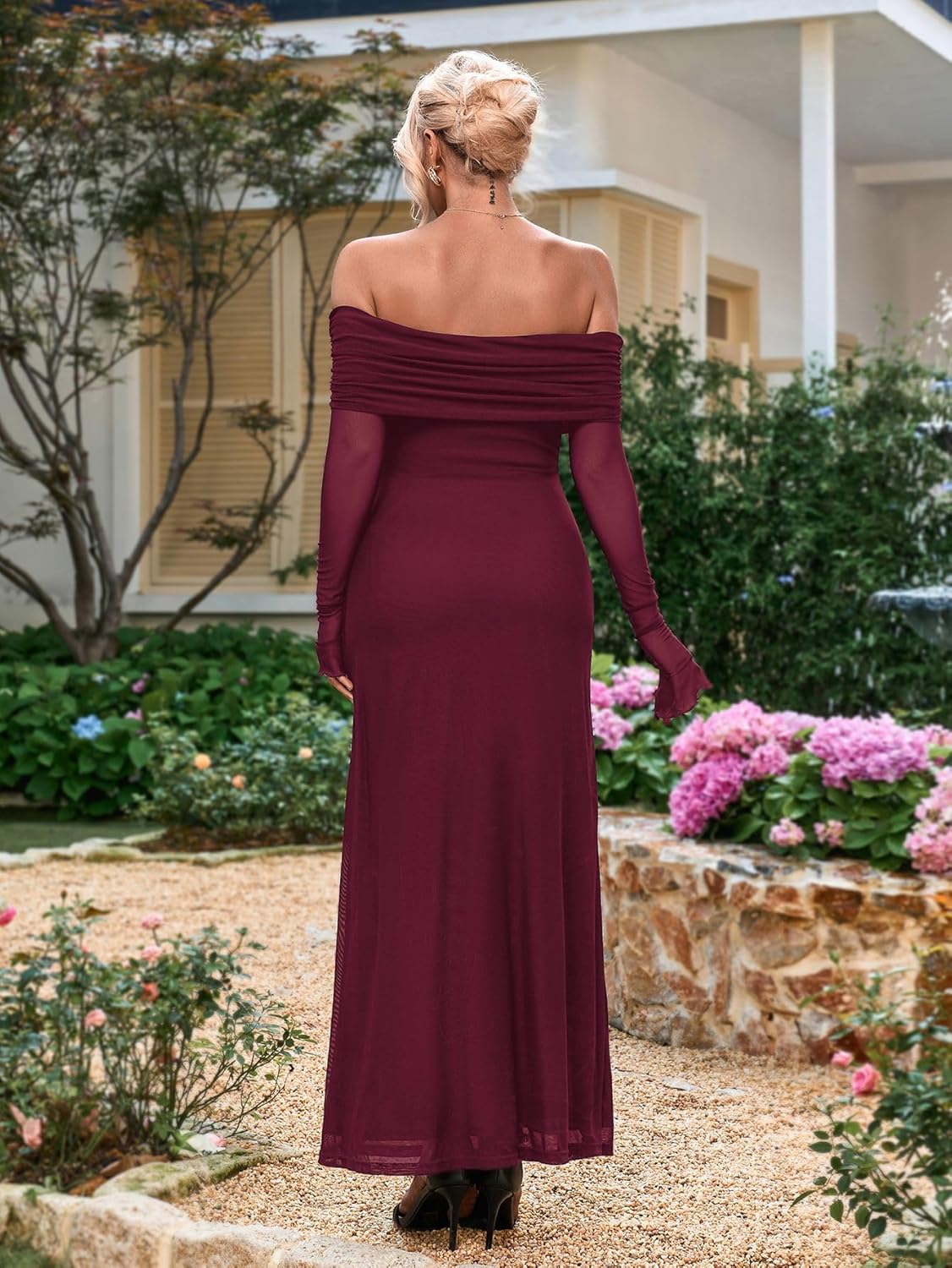 KUTUMAI Women Off Shoulder Bodycon Maxi Dress Long Sleeve Mesh Ruched Party Formal Wedding Guest Dresses