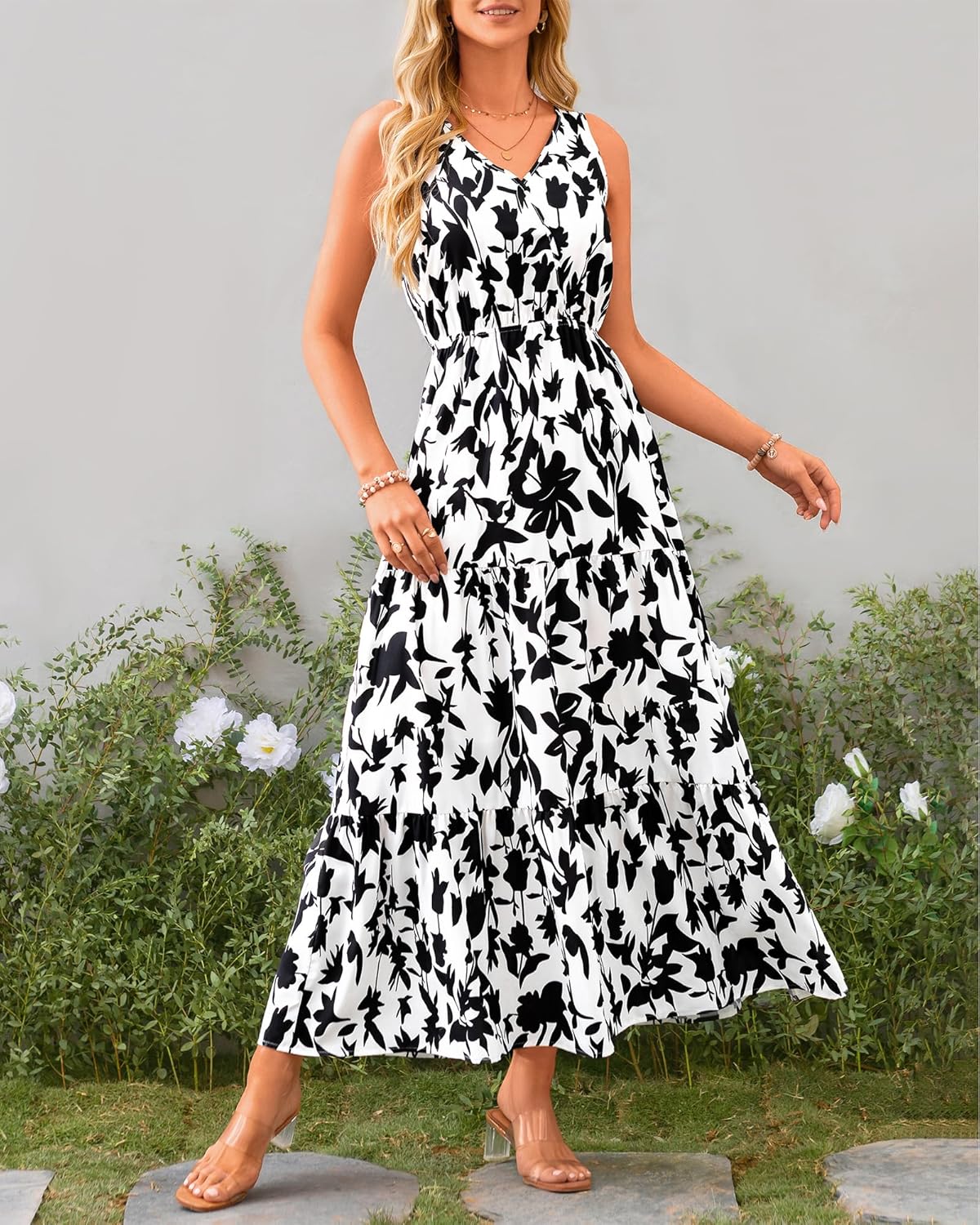 BTFBM Women Summer Dresses Casual Sleeveless Maxi Dresses Cute Floral Long Dress Wedding Guest Dress